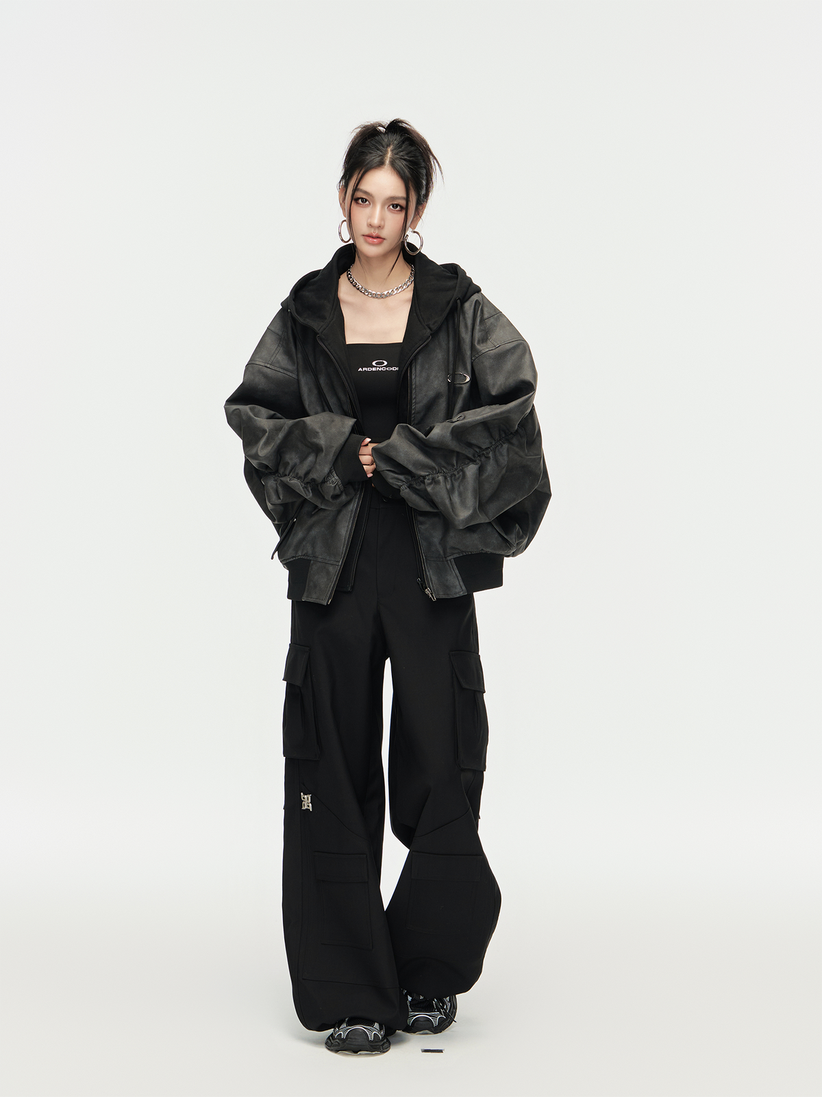 ARDENCODE Oversized Hooded Faux Leather Bomber Jacket, premium urban and streetwear designers apparel on PROJECTISR.com, ARDENCODE