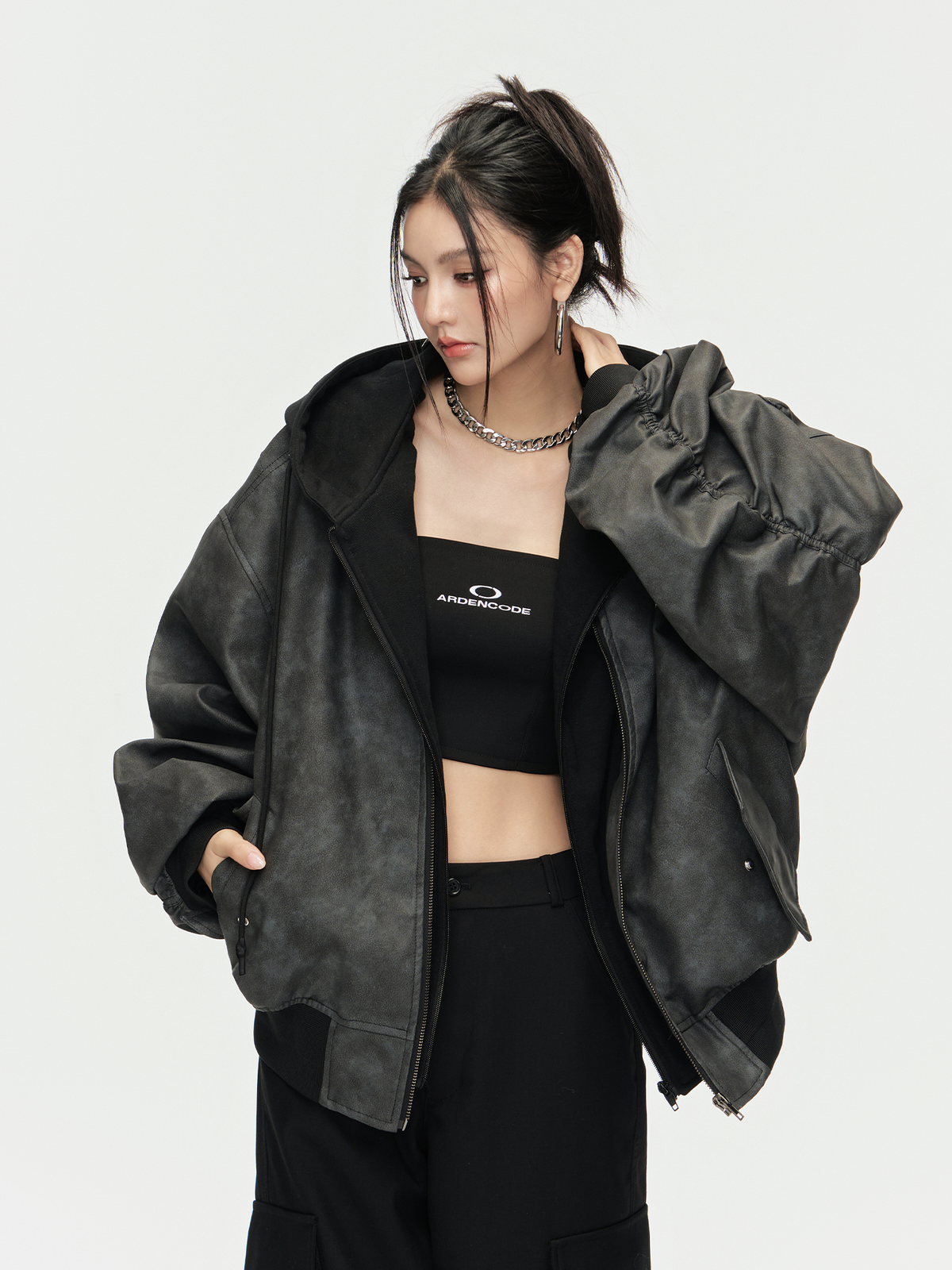 ARDENCODE Oversized Hooded Faux Leather Bomber Jacket, premium urban and streetwear designers apparel on PROJECTISR.com, ARDENCODE