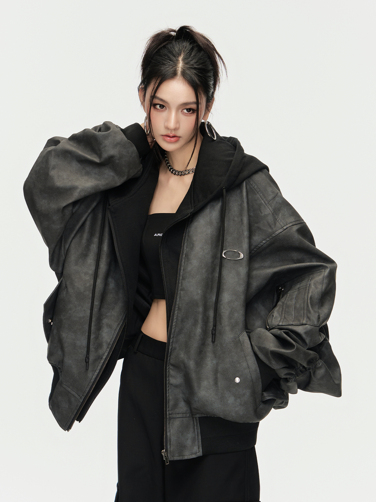 ARDENCODE Oversized Hooded Faux Leather Bomber Jacket, premium urban and streetwear designers apparel on PROJECTISR.com, ARDENCODE