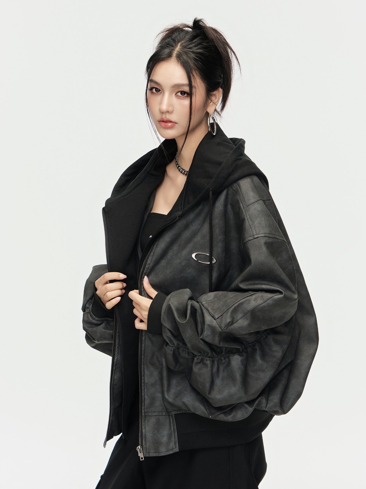 ARDENCODE Oversized Hooded Faux Leather Bomber Jacket, premium urban and streetwear designers apparel on PROJECTISR.com, ARDENCODE