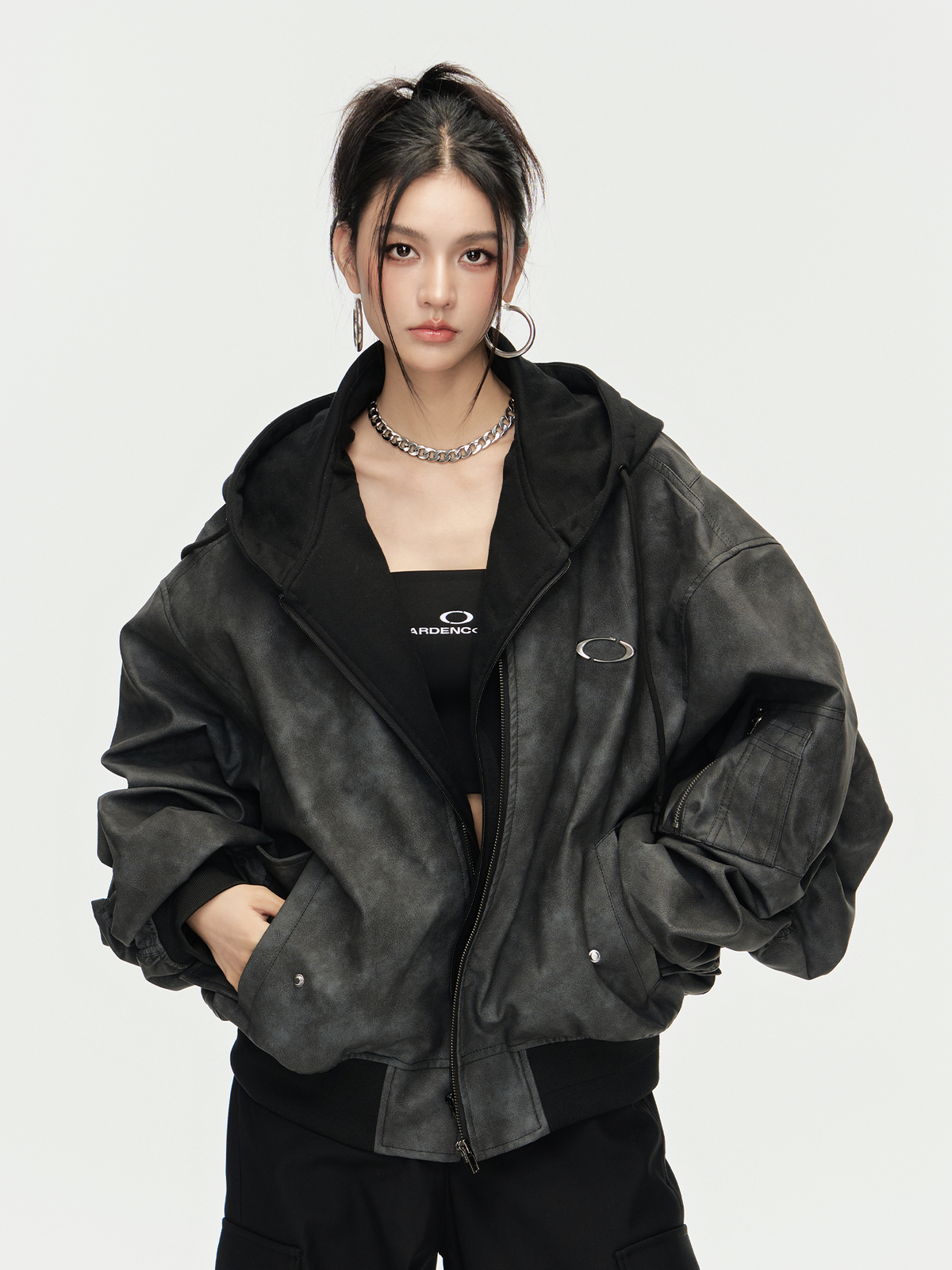 ARDENCODE Oversized Hooded Faux Leather Bomber Jacket, premium urban and streetwear designers apparel on PROJECTISR.com, ARDENCODE