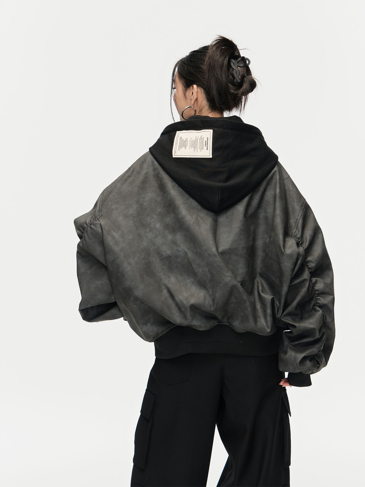 ARDENCODE Oversized Hooded Faux Leather Bomber Jacket, premium urban and streetwear designers apparel on PROJECTISR.com, ARDENCODE