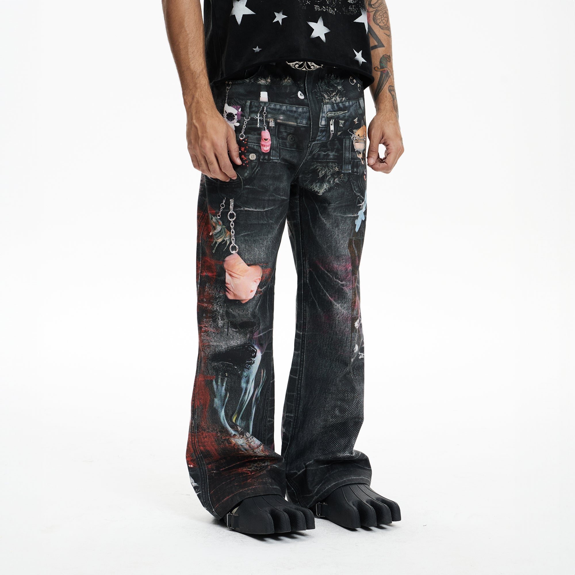 DND4DES Distressed Cyber Virus Flared Jeans