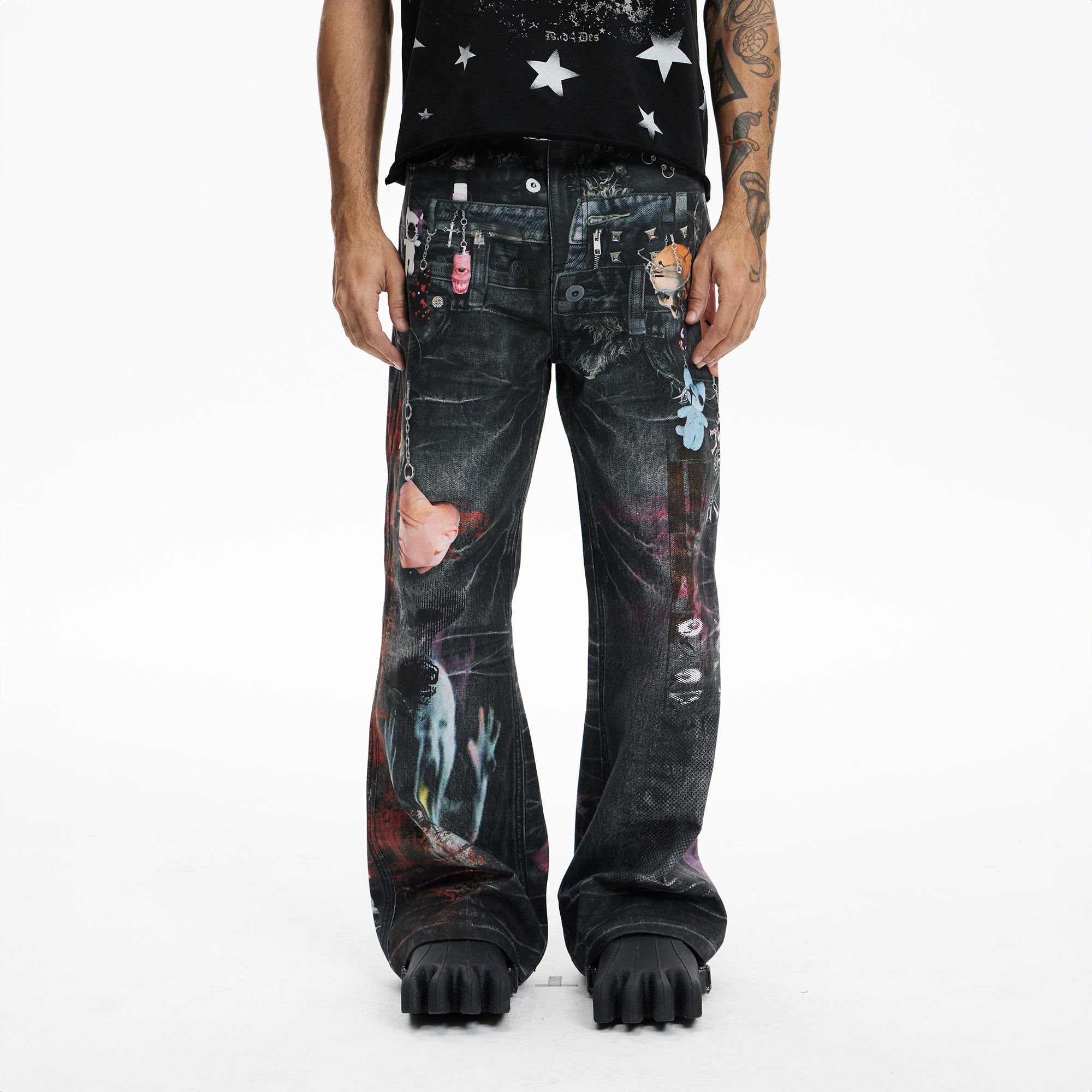 DND4DES Distressed Cyber Virus Flared Jeans