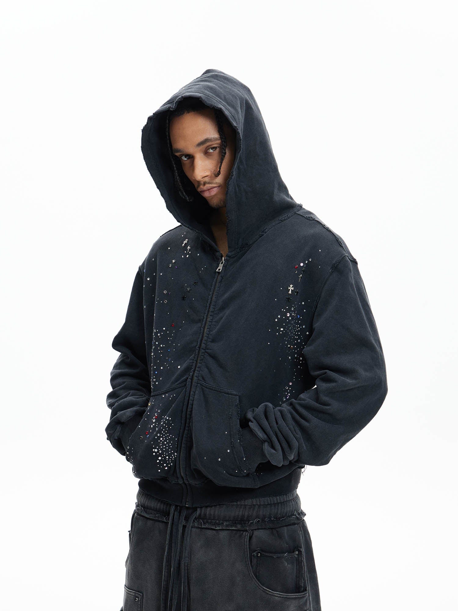 DND4DES Sparkle Diamond Distressed Zip-Up Hoodie