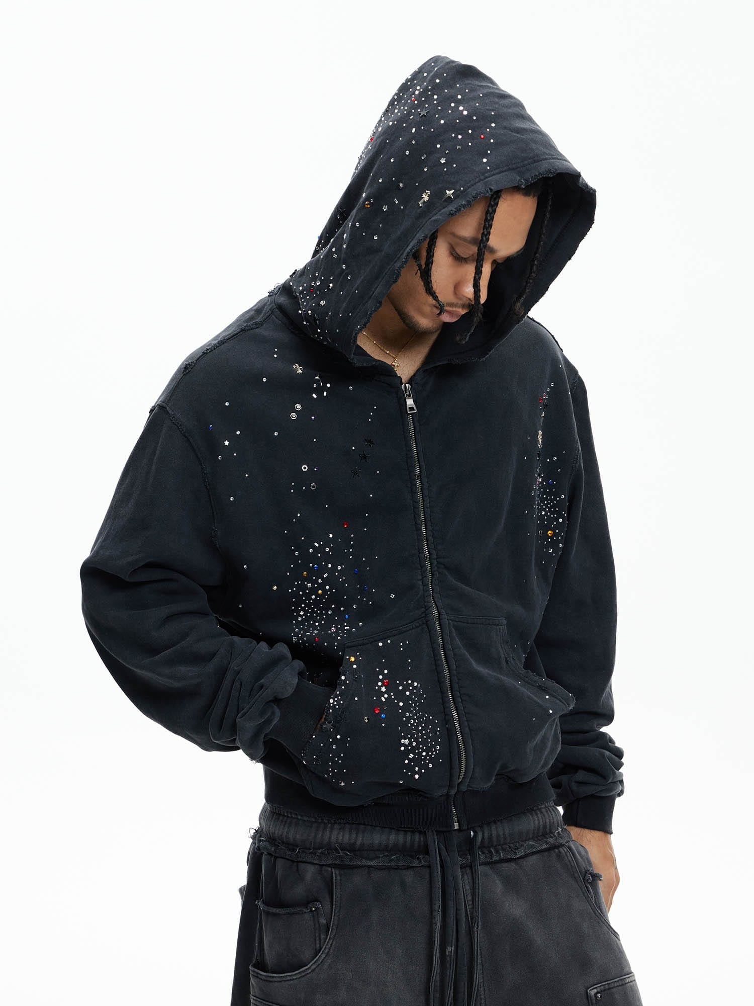 DND4DES Sparkle Diamond Distressed Zip-Up Hoodie