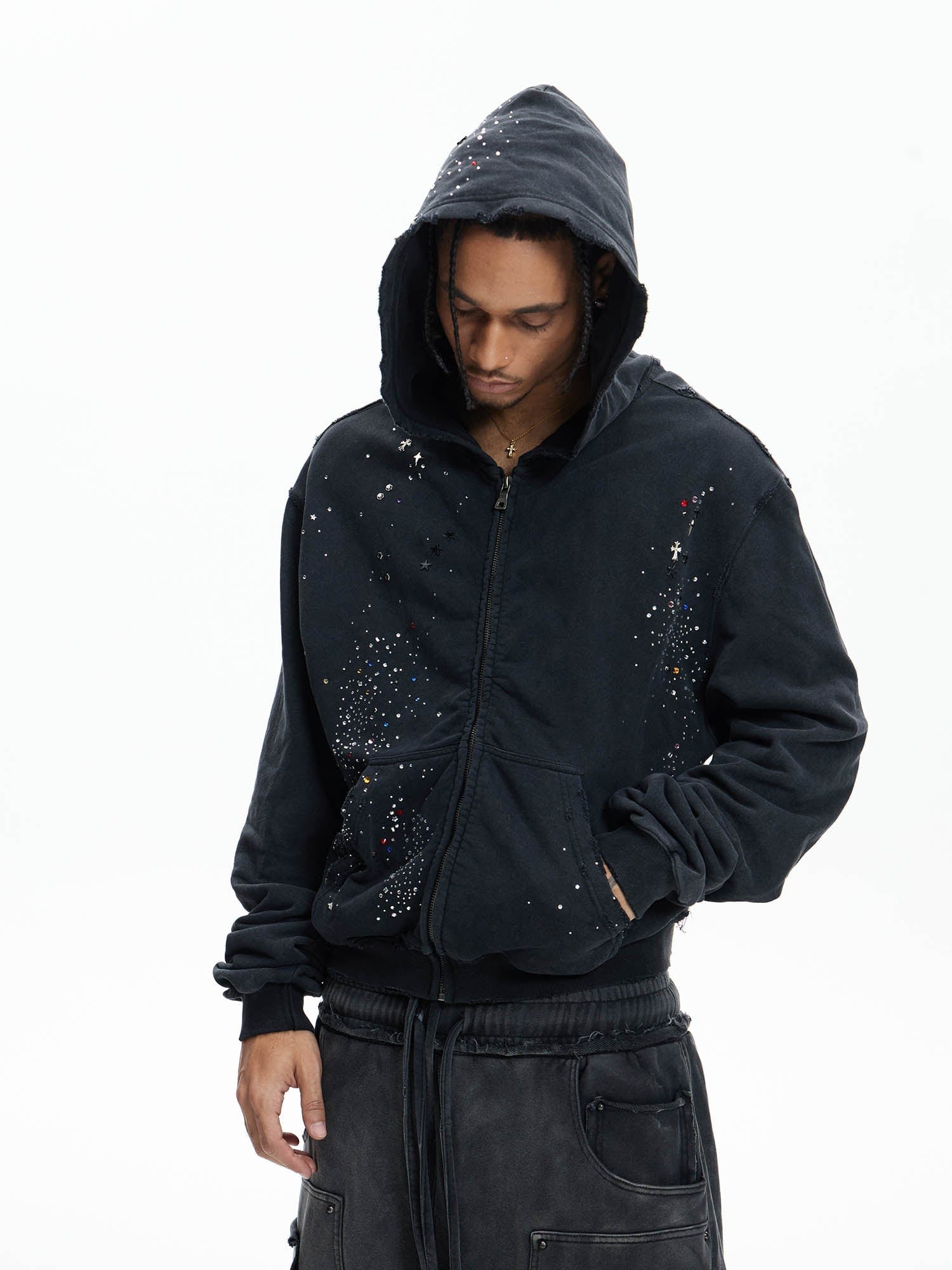 DND4DES Sparkle Diamond Distressed Zip-Up Hoodie