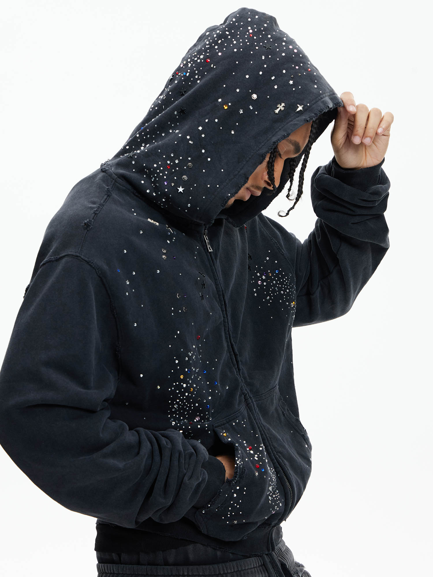 DND4DES Sparkle Diamond Distressed Zip-Up Hoodie