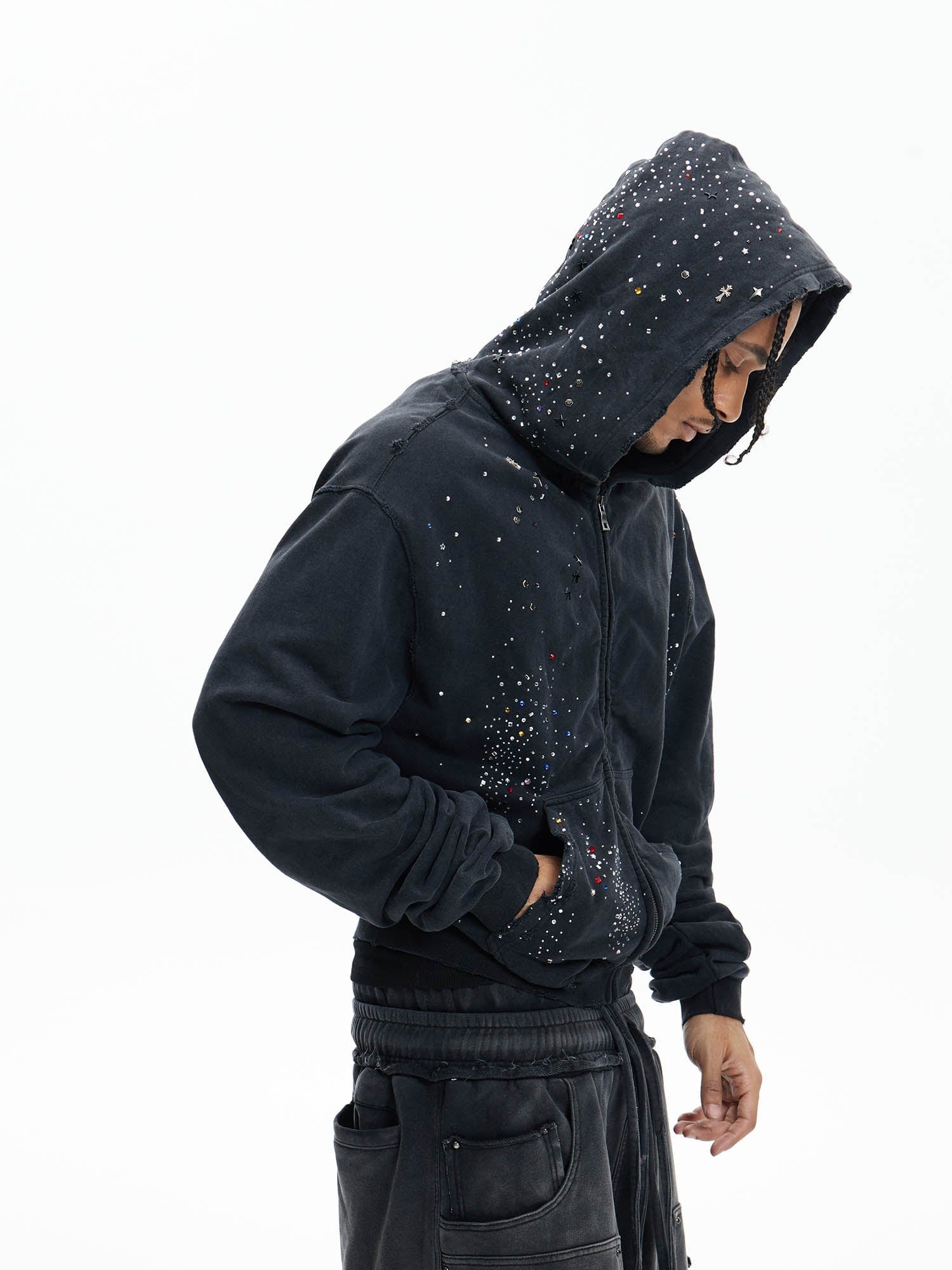 DND4DES Sparkle Diamond Distressed Zip-Up Hoodie