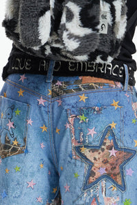 DND4DES Star Graffiti Patchwork Cartoon Denim Oversized Shorts