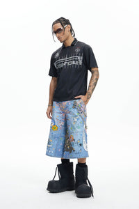 DND4DES Star Graffiti Patchwork Cartoon Denim Oversized Shorts