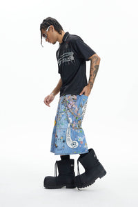 DND4DES Star Graffiti Patchwork Cartoon Denim Oversized Shorts