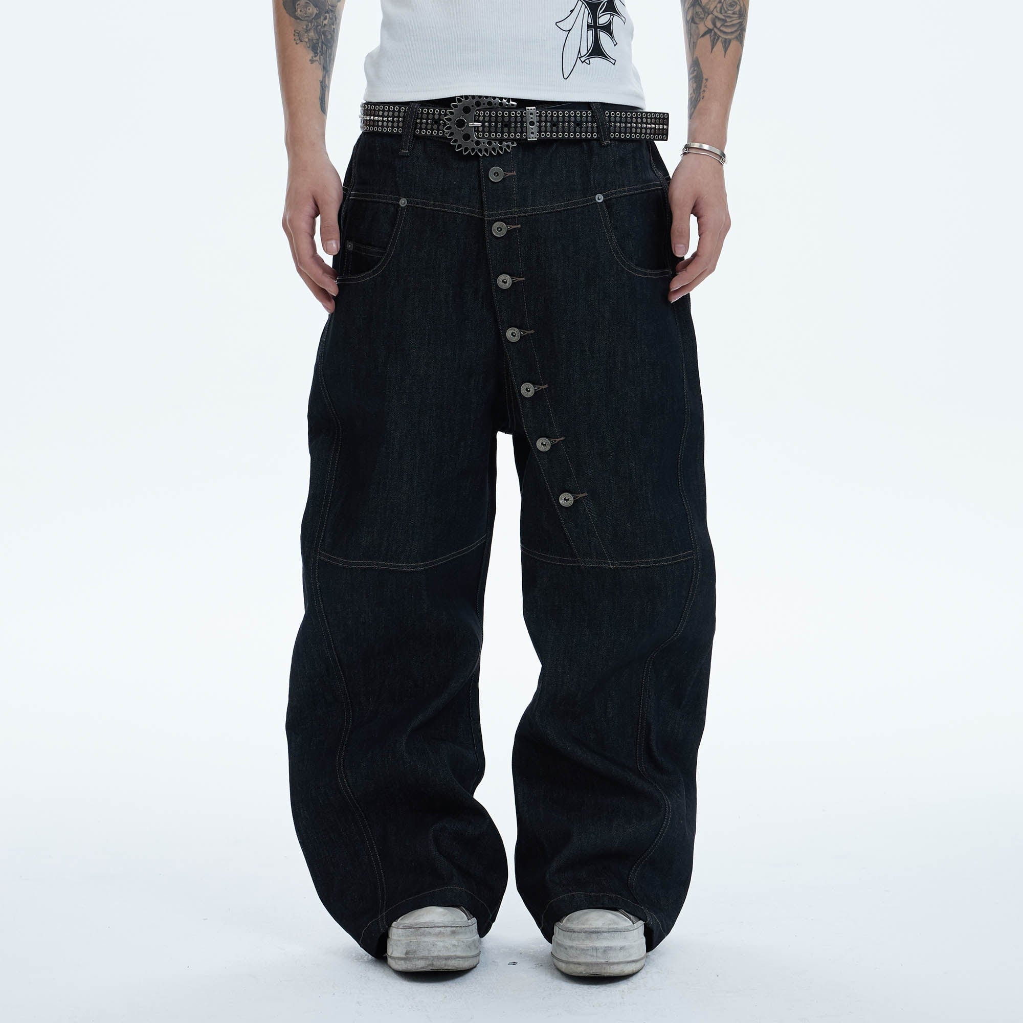 DND4DES Asymmetric Button-Fly Spliced Baggy Jeans, premium urban and streetwear designers apparel on PROJECTISR.com, DND4DES