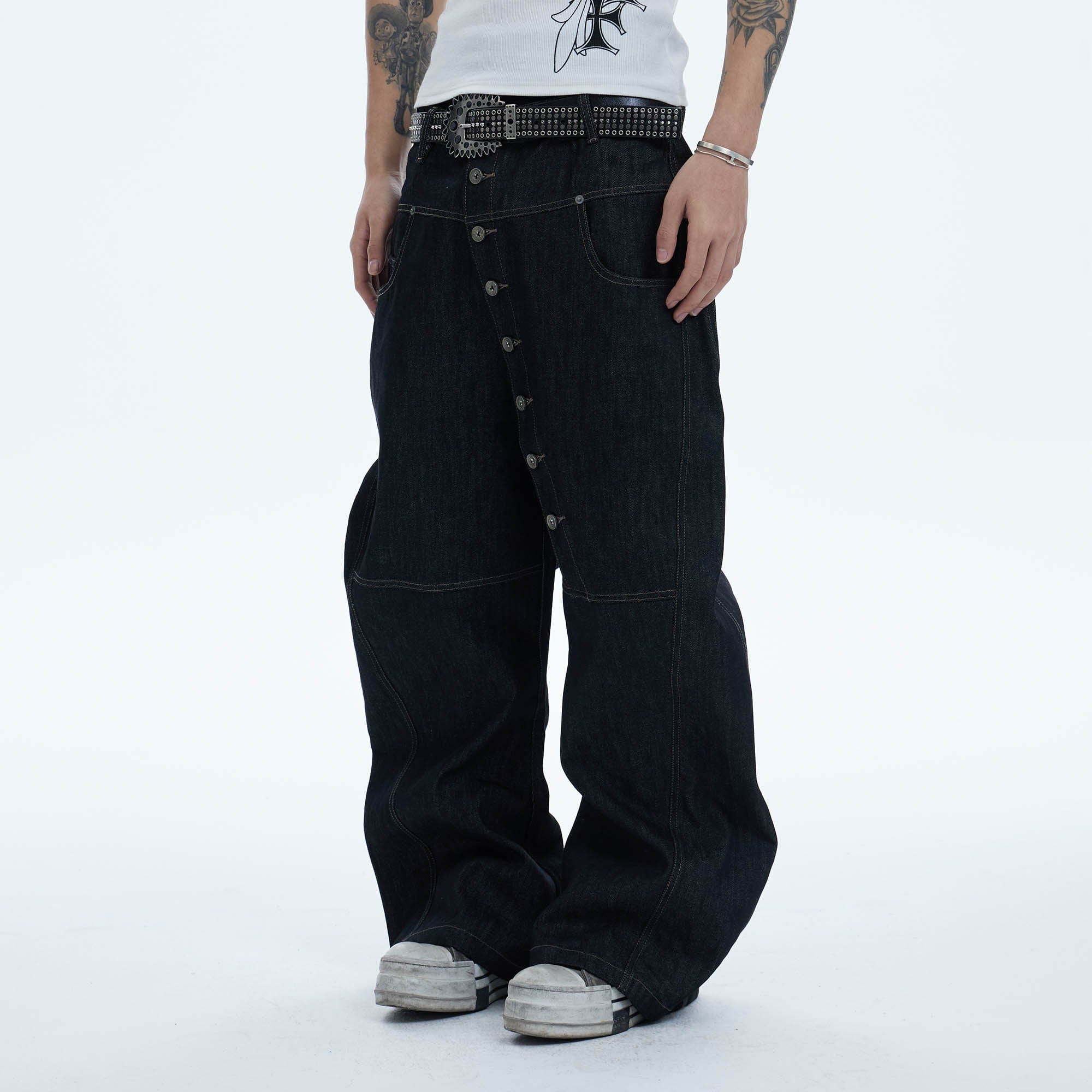 DND4DES Asymmetric Button-Fly Spliced Baggy Jeans, premium urban and streetwear designers apparel on PROJECTISR.com, DND4DES
