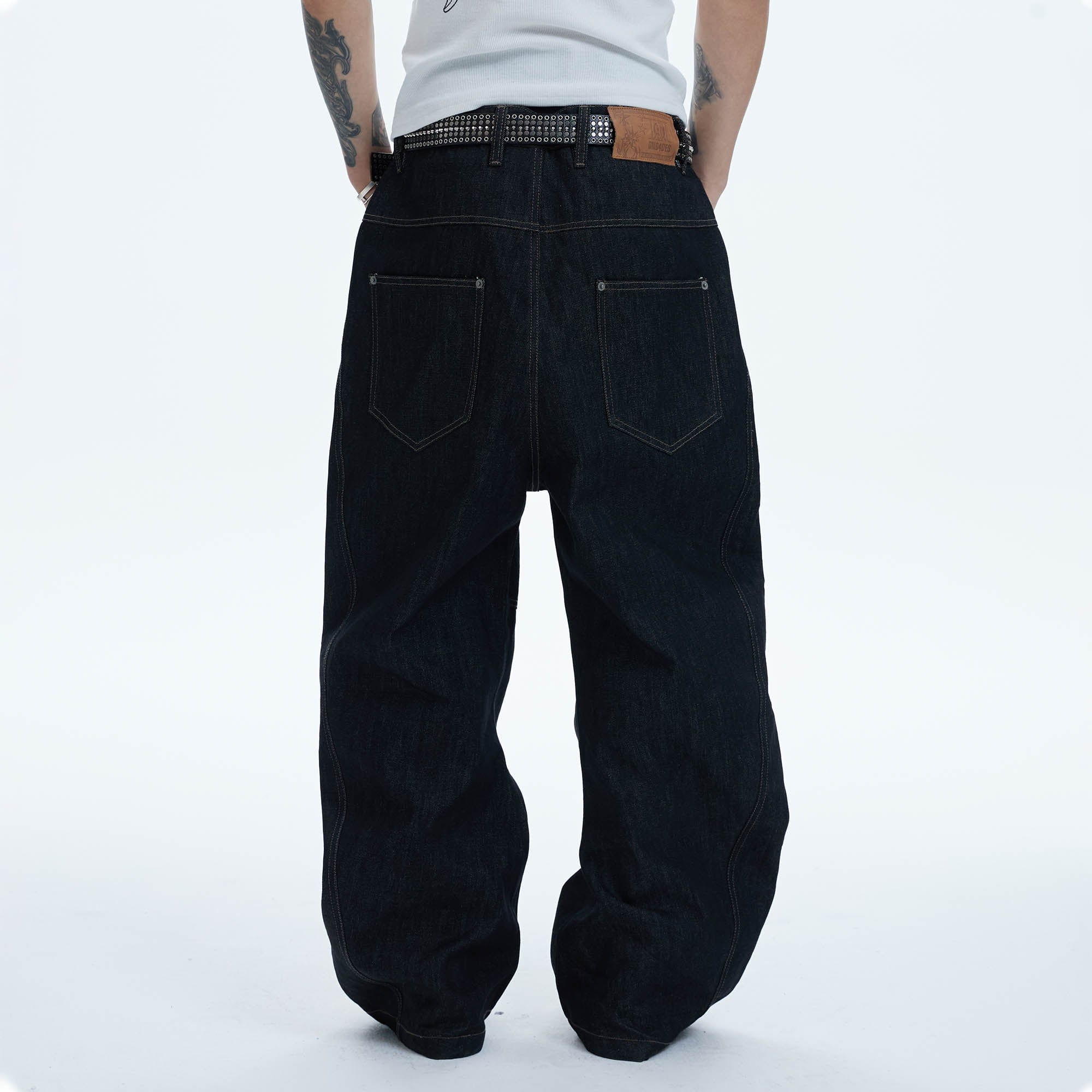 DND4DES Asymmetric Button-Fly Spliced Baggy Jeans, premium urban and streetwear designers apparel on PROJECTISR.com, DND4DES