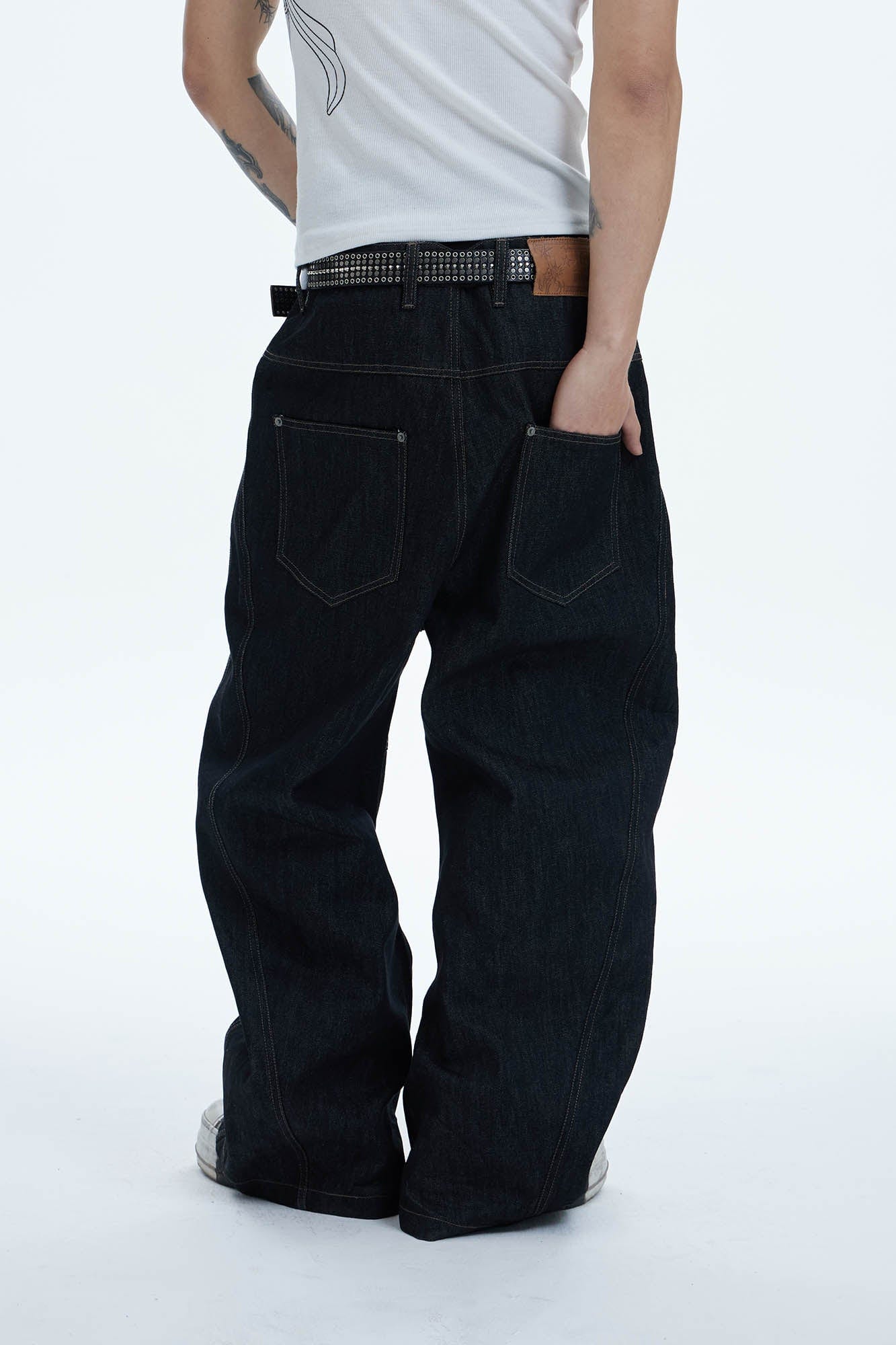 DND4DES Asymmetric Button-Fly Spliced Baggy Jeans, premium urban and streetwear designers apparel on PROJECTISR.com, DND4DES