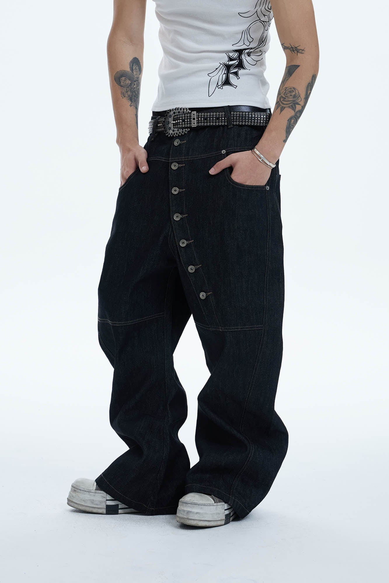 DND4DES Asymmetric Button-Fly Spliced Baggy Jeans, premium urban and streetwear designers apparel on PROJECTISR.com, DND4DES