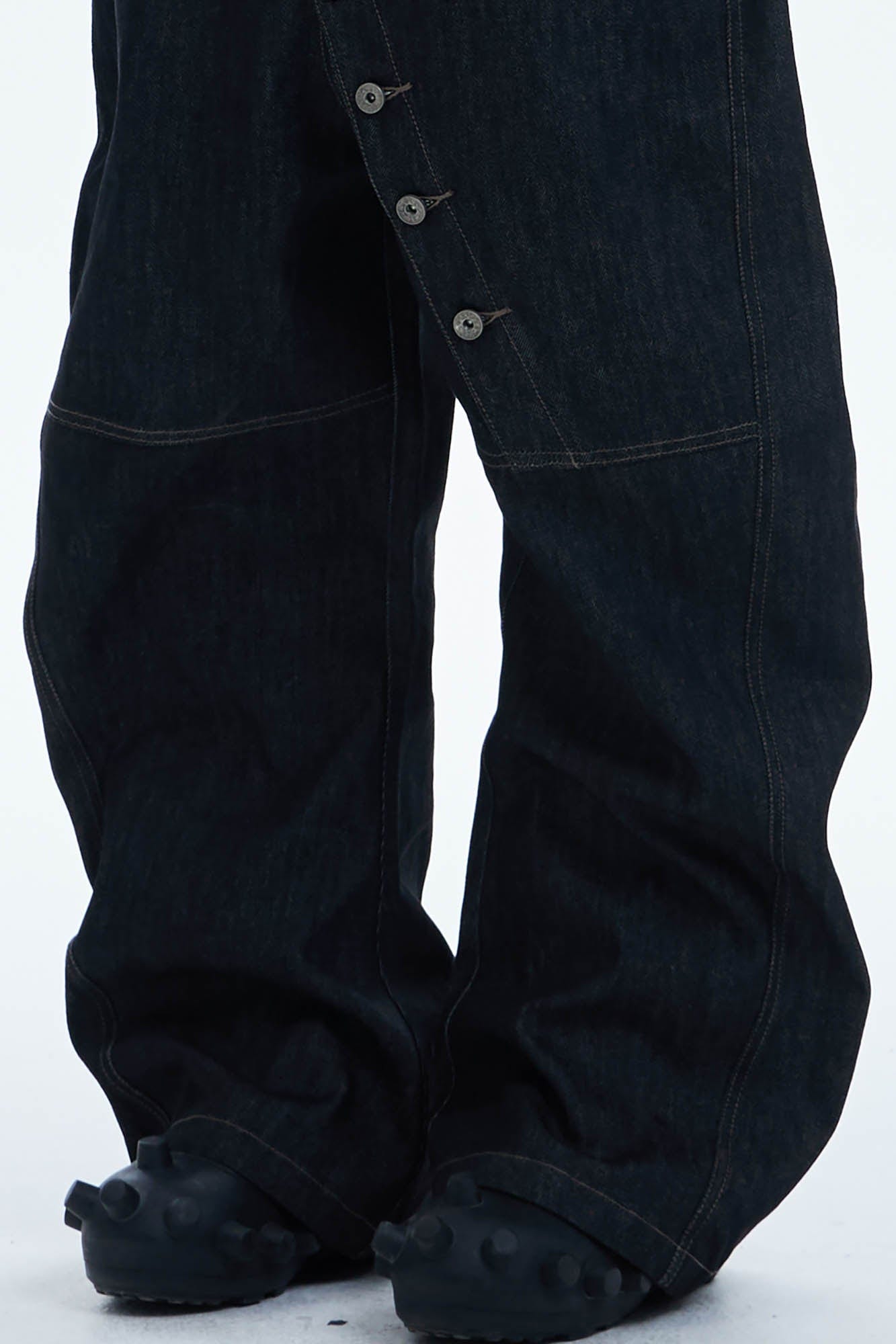 DND4DES Asymmetric Button-Fly Spliced Baggy Jeans, premium urban and streetwear designers apparel on PROJECTISR.com, DND4DES