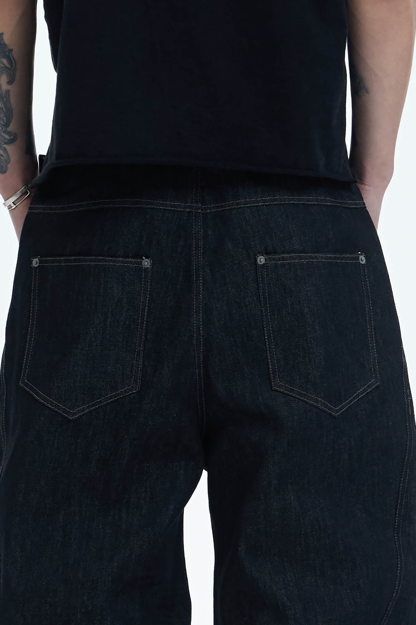 DND4DES Asymmetric Button-Fly Spliced Baggy Jeans, premium urban and streetwear designers apparel on PROJECTISR.com, DND4DES