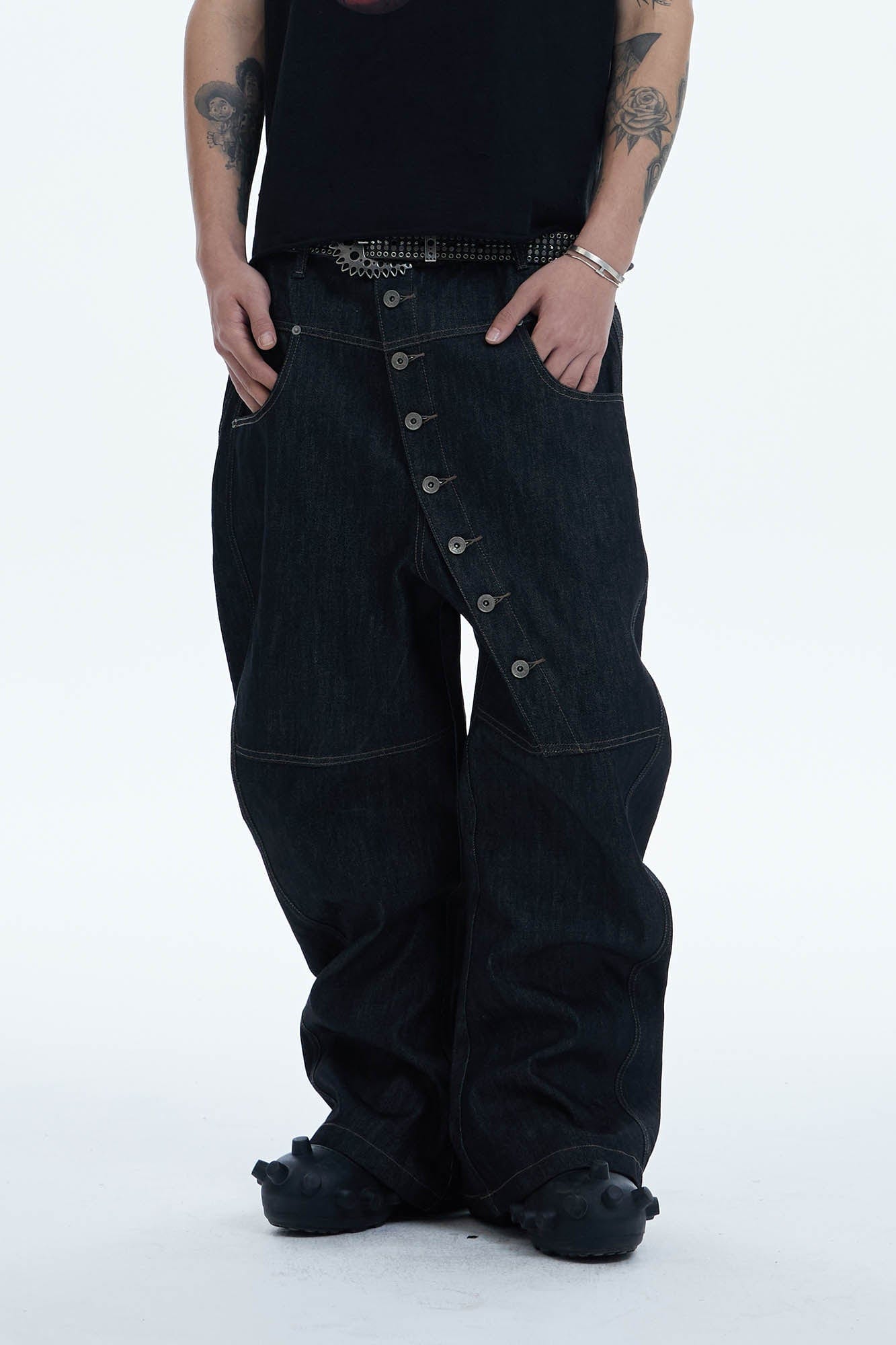 DND4DES Asymmetric Button-Fly Spliced Baggy Jeans, premium urban and streetwear designers apparel on PROJECTISR.com, DND4DES