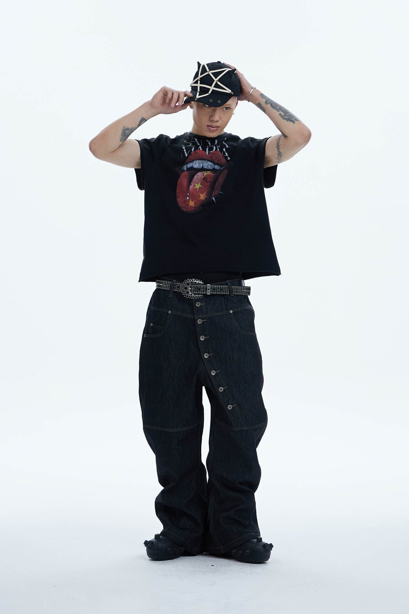 DND4DES Asymmetric Button-Fly Spliced Baggy Jeans, premium urban and streetwear designers apparel on PROJECTISR.com, DND4DES