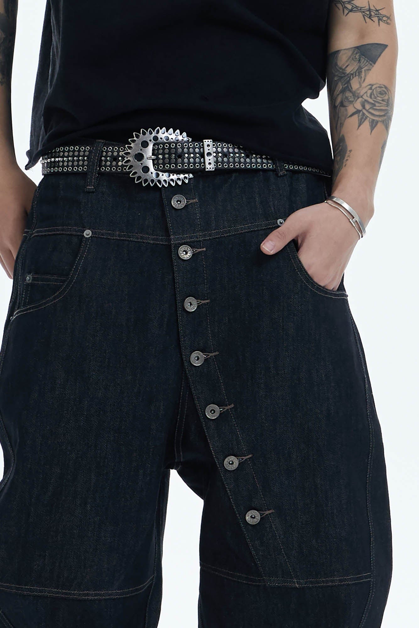 DND4DES Asymmetric Button-Fly Spliced Baggy Jeans, premium urban and streetwear designers apparel on PROJECTISR.com, DND4DES
