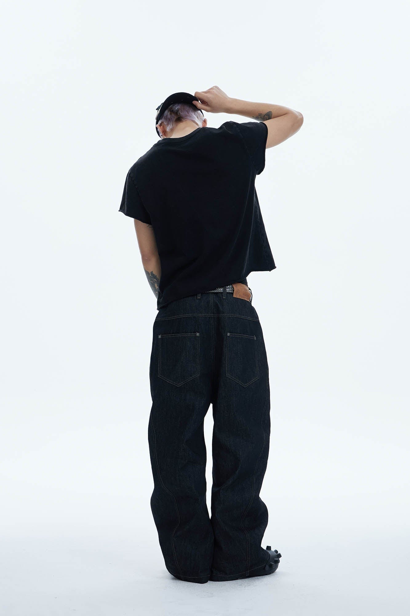 DND4DES Asymmetric Button-Fly Spliced Baggy Jeans, premium urban and streetwear designers apparel on PROJECTISR.com, DND4DES