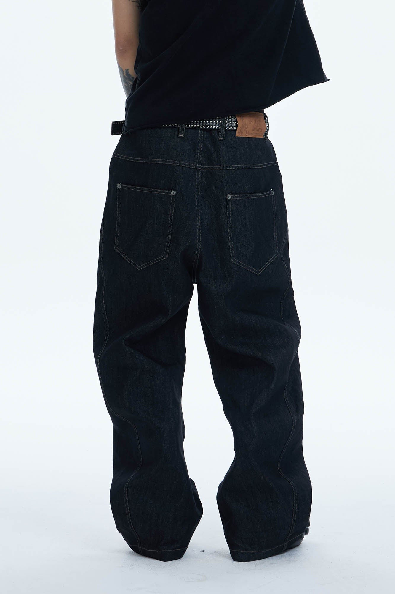DND4DES Asymmetric Button-Fly Spliced Baggy Jeans, premium urban and streetwear designers apparel on PROJECTISR.com, DND4DES