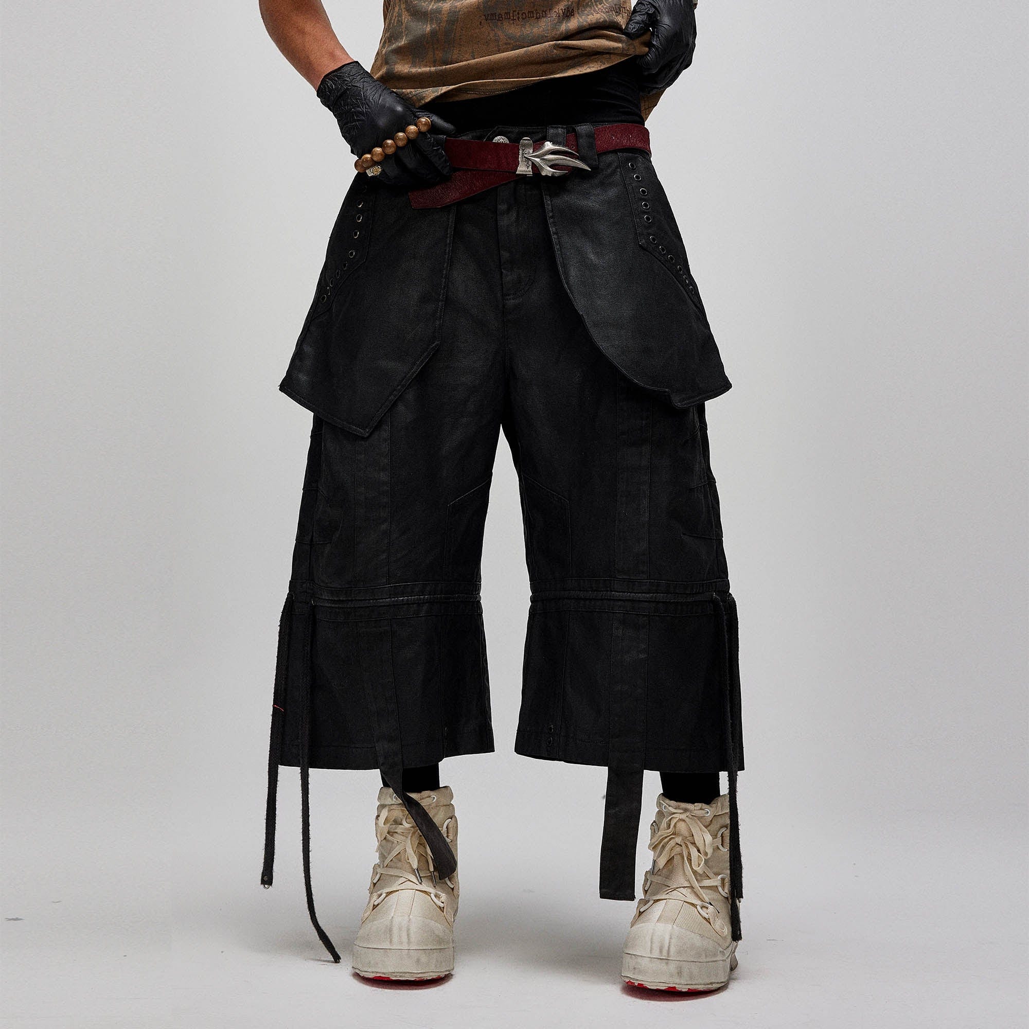 FLYERRER Waxed Layered Drape Strap Shorts