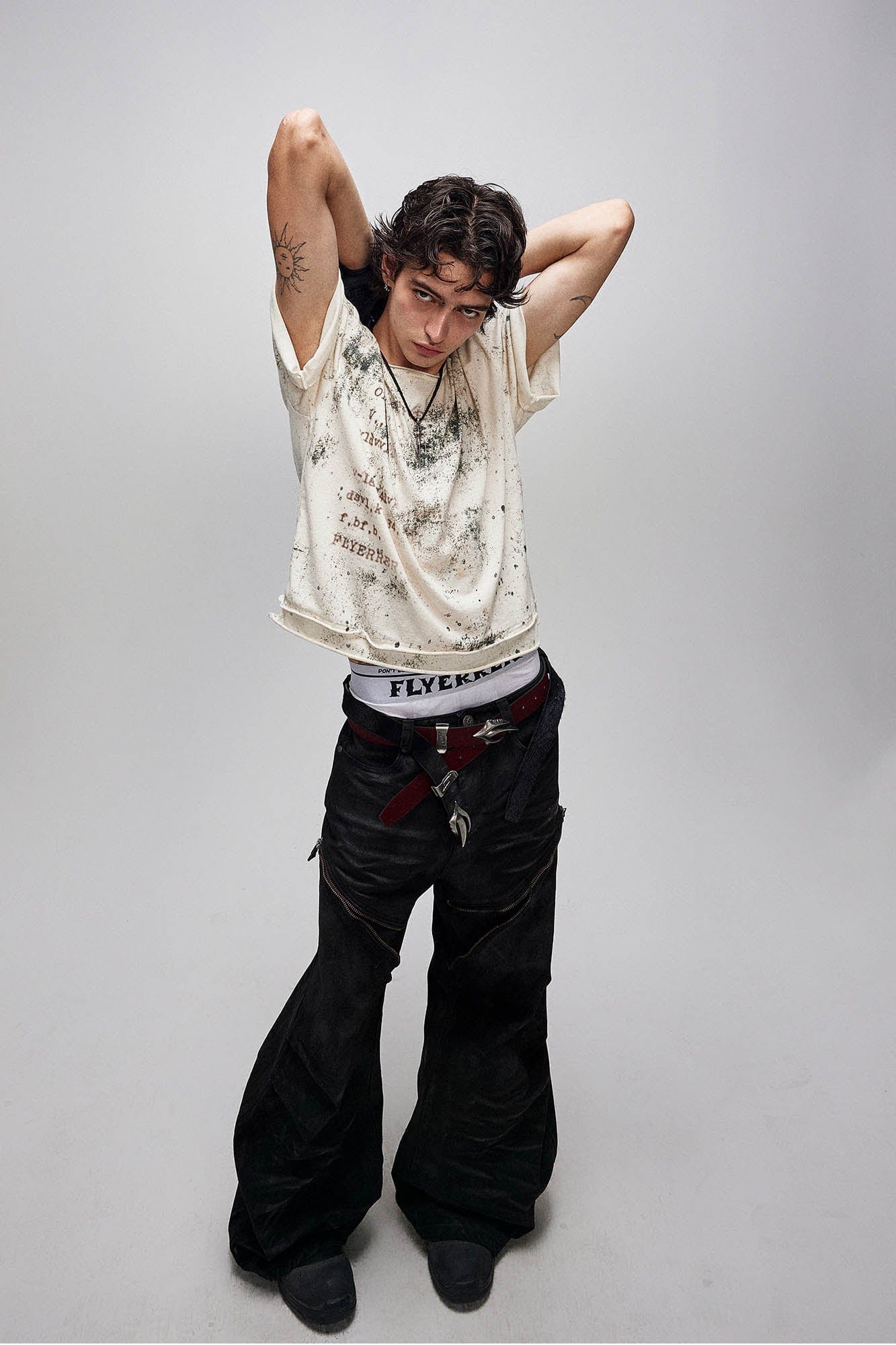 FLYERRER Grunge Brush-Stained Raw Hem T-Shirt, premium urban and streetwear designers apparel on PROJECTISR.com, FLYERRER
