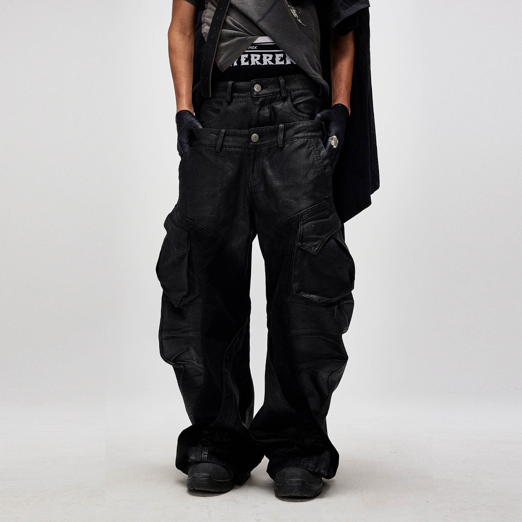 FLYERRER Dual-Waist Waxed Arc-Spliced Cargo Pants, premium urban and streetwear designers apparel on PROJECTISR.com, FLYERRER
