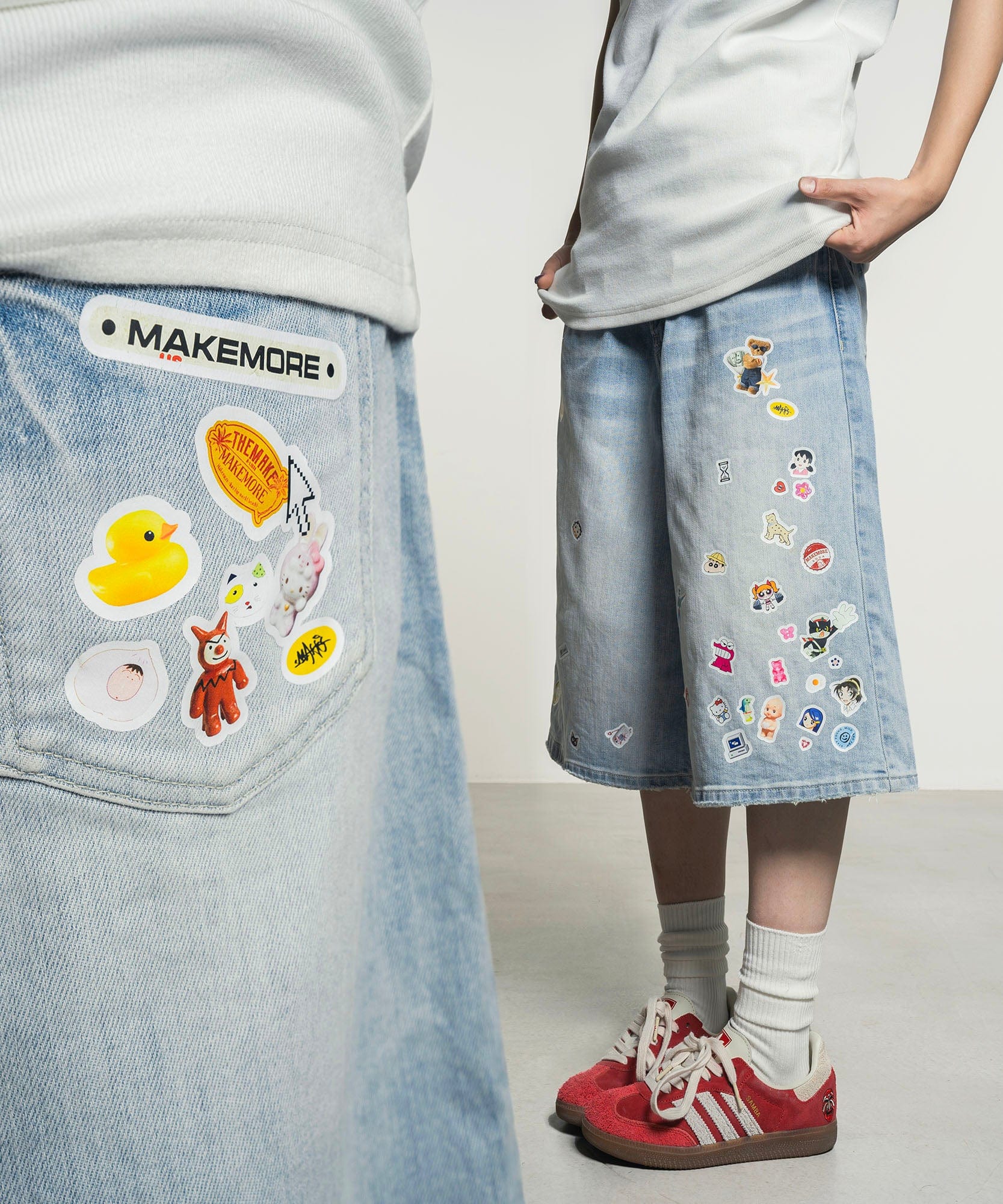MAKEMORE Anime Sticker Washed Denim Shorts, premium urban and streetwear designers apparel on PROJECTISR.com, MAKEMORE