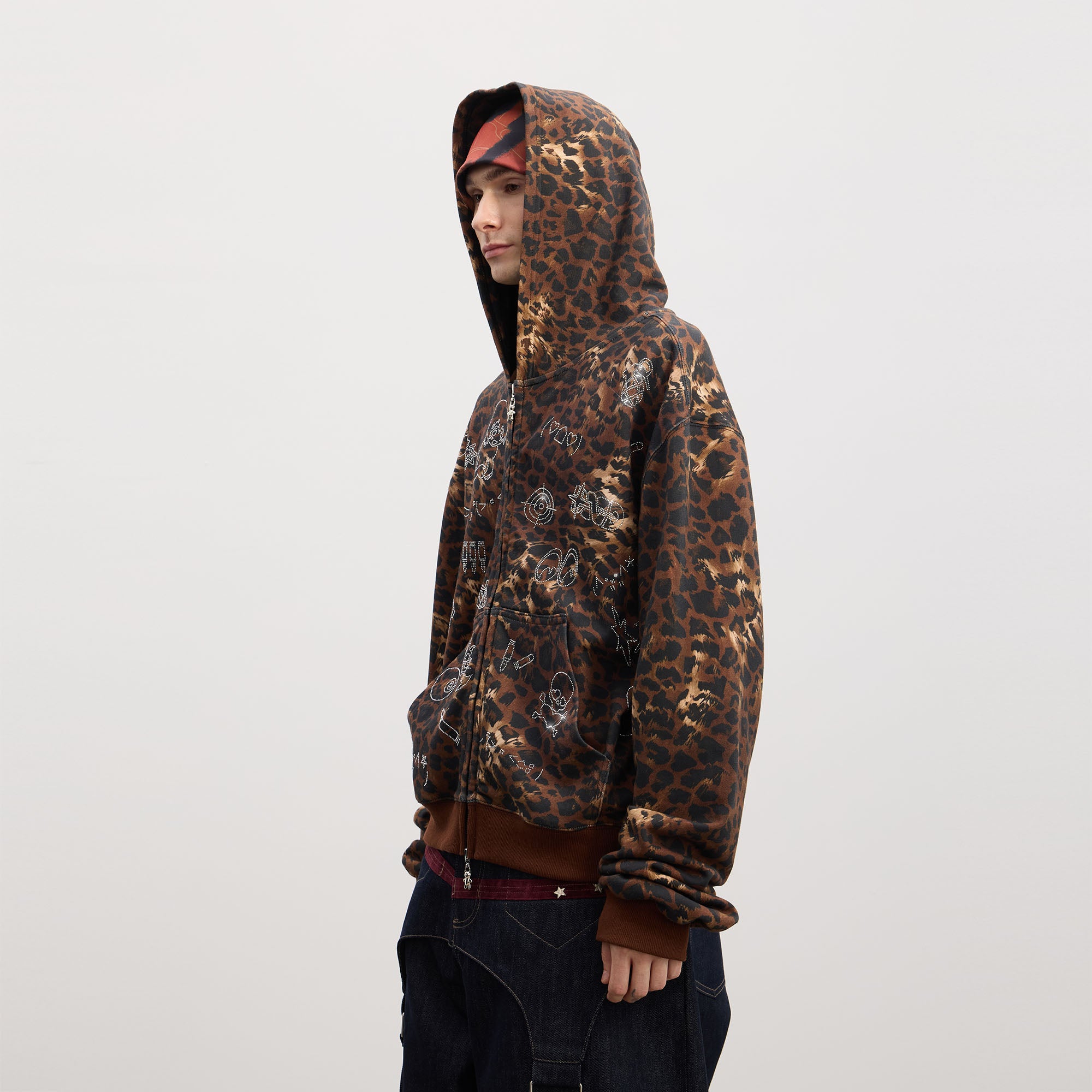 DND4DES Cartoon Rhinestone Leopard Zip-Up Hoodie