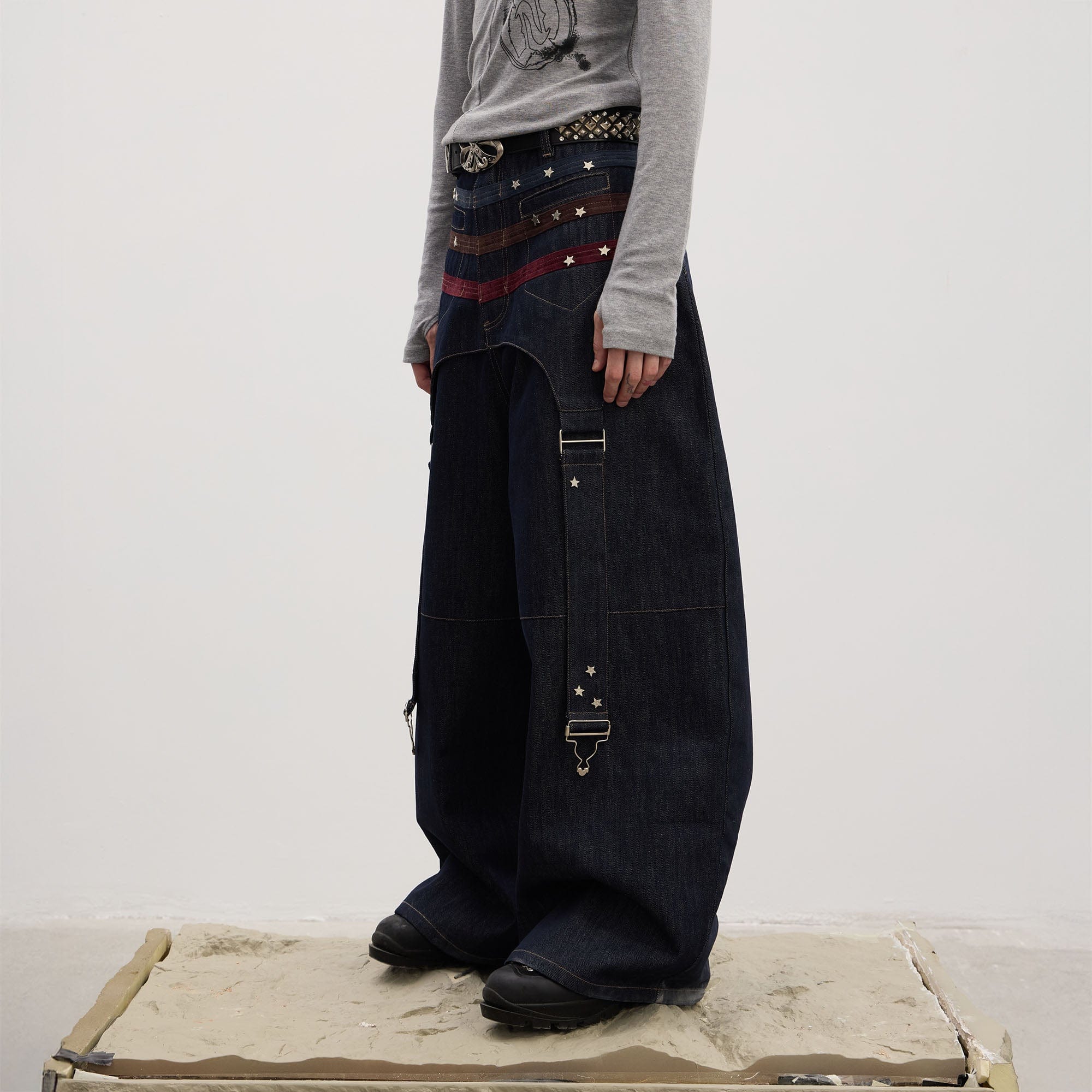DND4DES Star-Rivet Harness-Layered Curved Jeans, premium urban and streetwear designers apparel on PROJECTISR.com, DND4DES