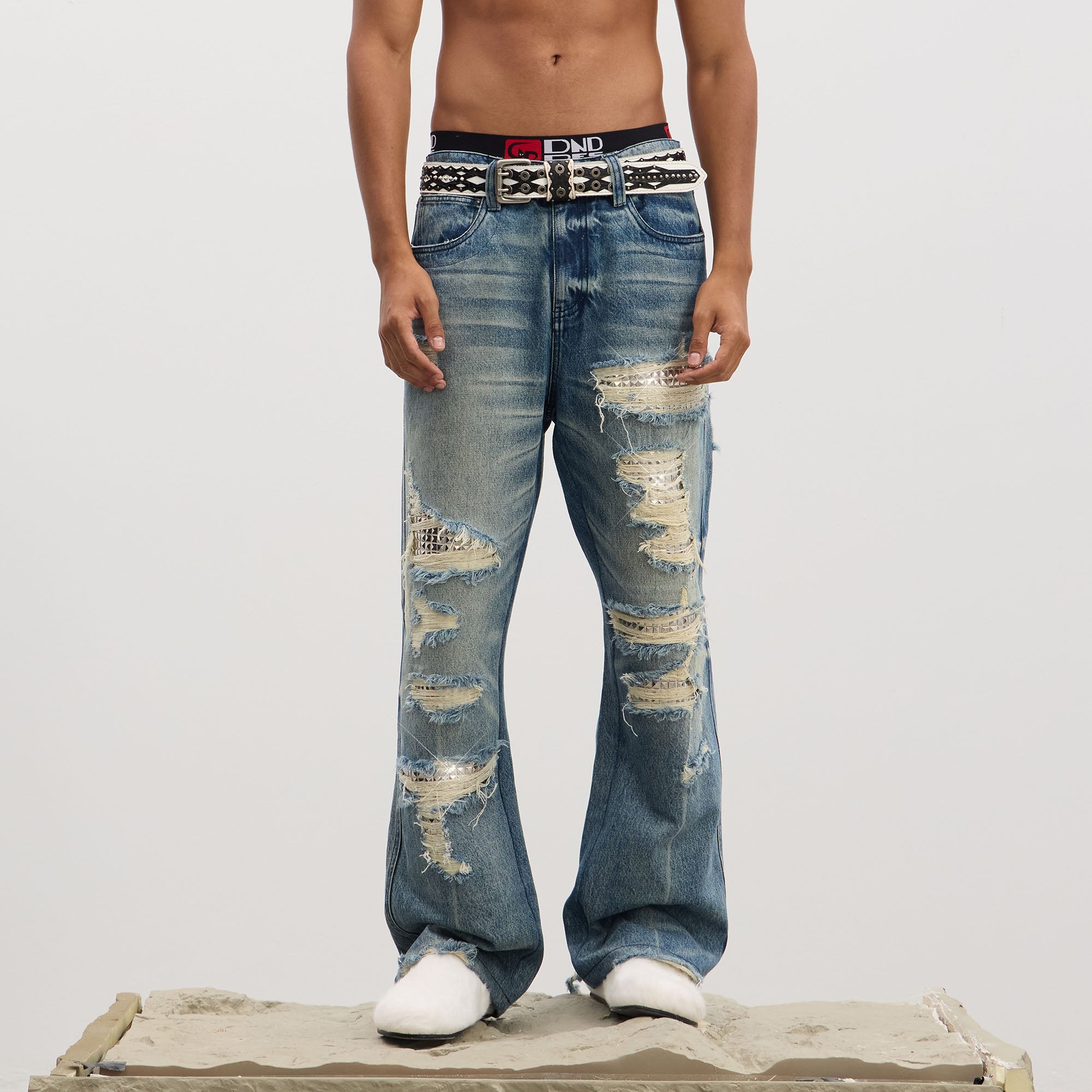 DND4DES Ripped Studded Flared Jeans
