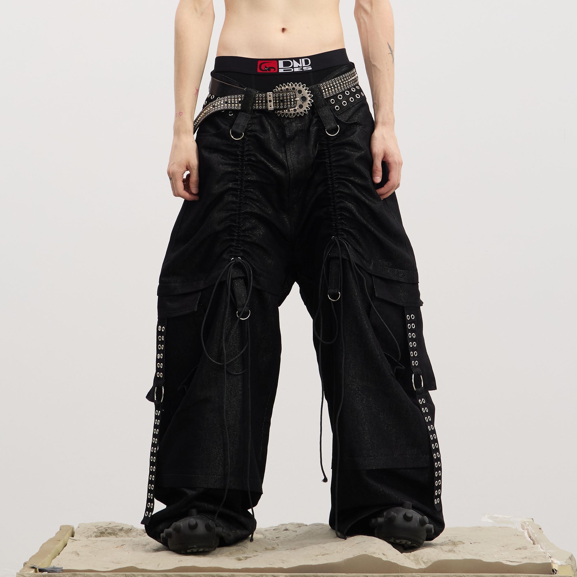 DND4DES Drawstring Ruched Coated Cargo Jeans