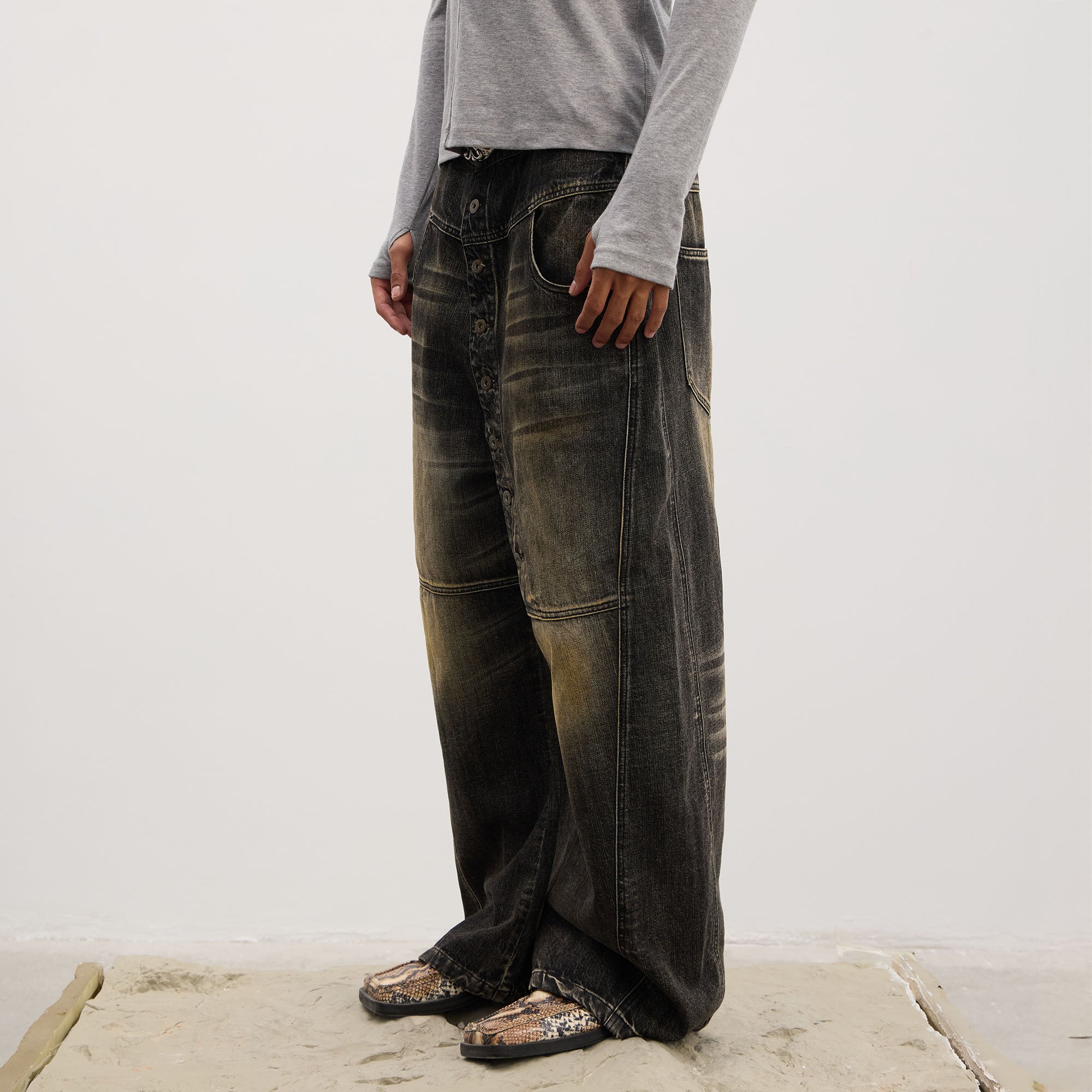 DND4DES Asymmetric Button-Fly Panel Washed Jeans, premium urban and streetwear designers apparel on PROJECTISR.com, DND4DES