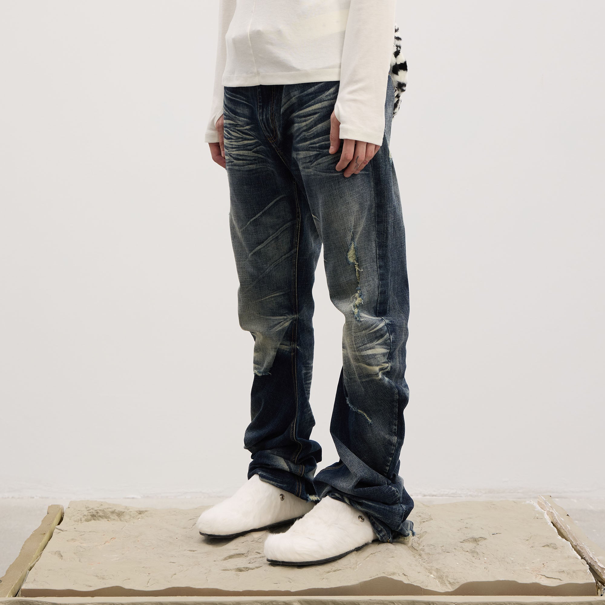 DND4DES Dirty Fit Whiskered Stack Jeans, premium urban and streetwear designers apparel on PROJECTISR.com, DND4DES