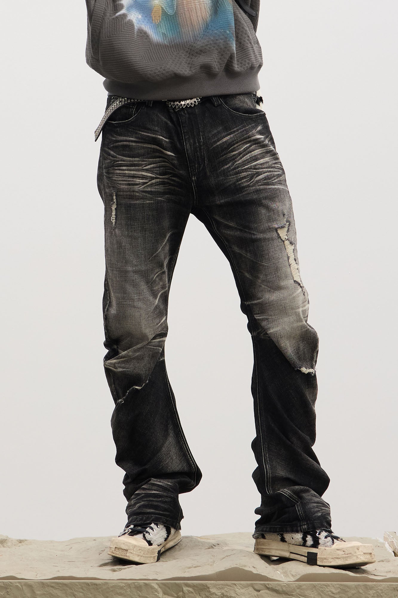 DND4DES Dirty Fit Whiskered Stack Jeans, premium urban and streetwear designers apparel on PROJECTISR.com, DND4DES