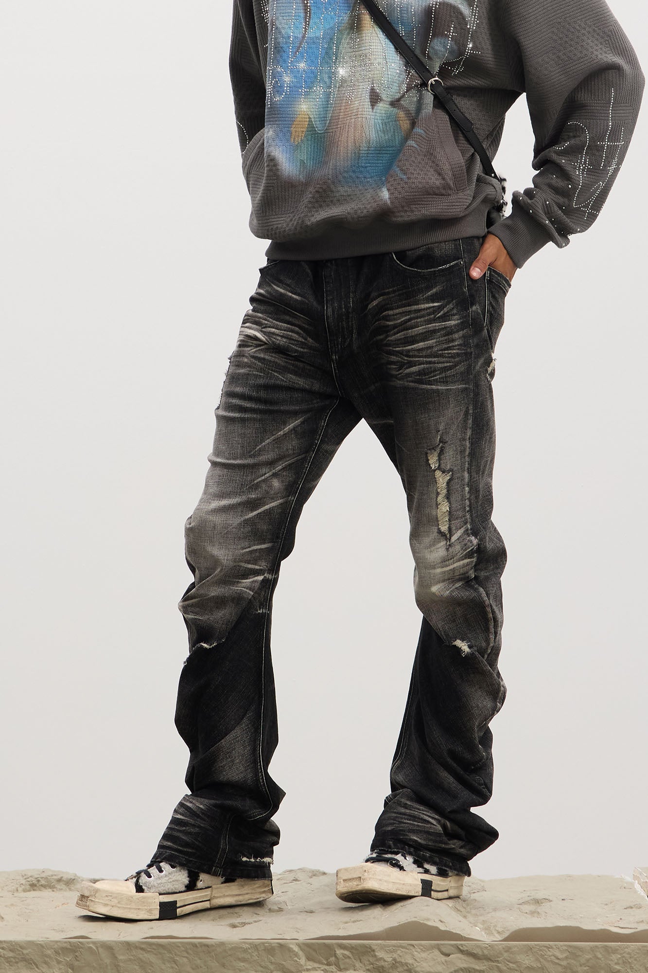 DND4DES Dirty Fit Whiskered Stack Jeans, premium urban and streetwear designers apparel on PROJECTISR.com, DND4DES
