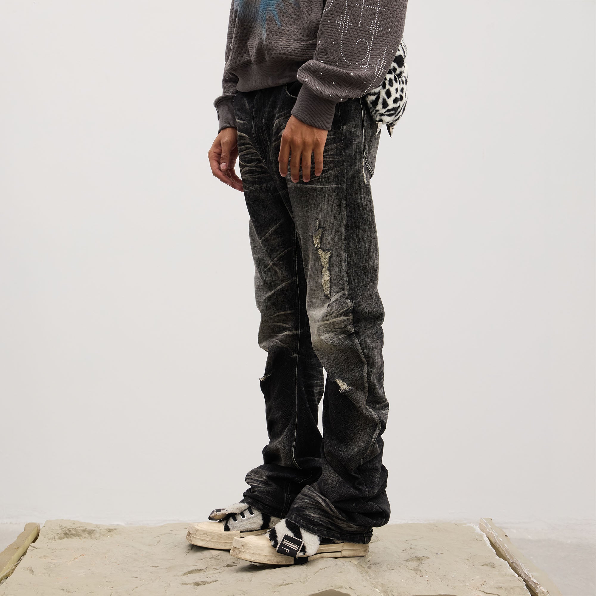 DND4DES Dirty Fit Whiskered Stack Jeans, premium urban and streetwear designers apparel on PROJECTISR.com, DND4DES