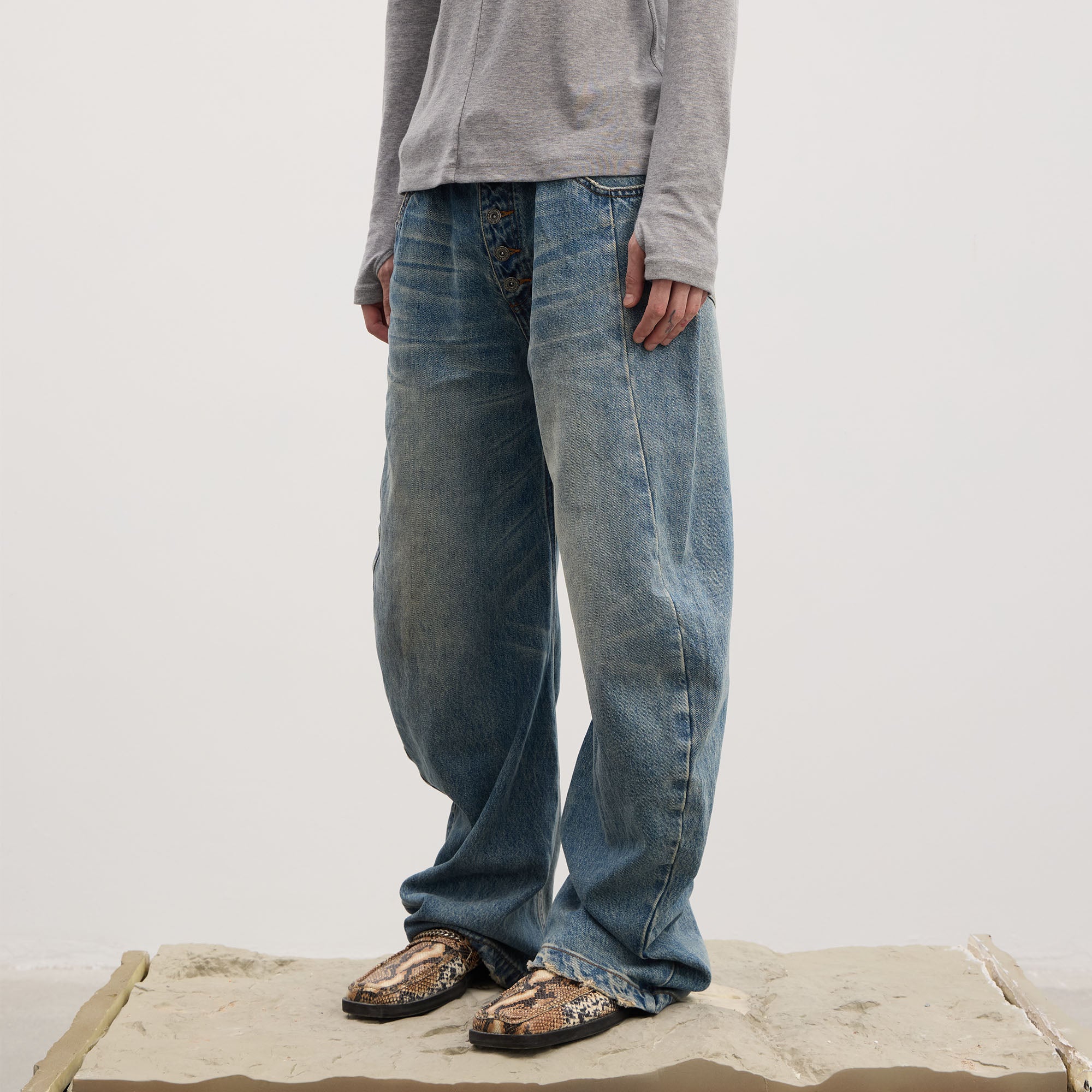 DND4DES Washed Button-Up Balloon-Leg Jeans, premium urban and streetwear designers apparel on PROJECTISR.com, DND4DES