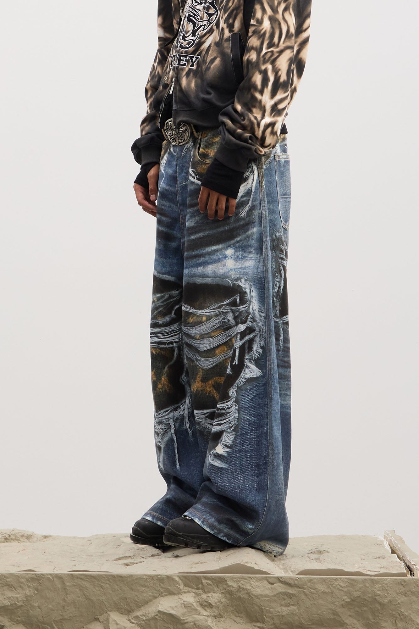 DND4DES Full-Printed Leopard Distressed Baggy Jeans, premium urban and streetwear designers apparel on PROJECTISR.com, DND4DES