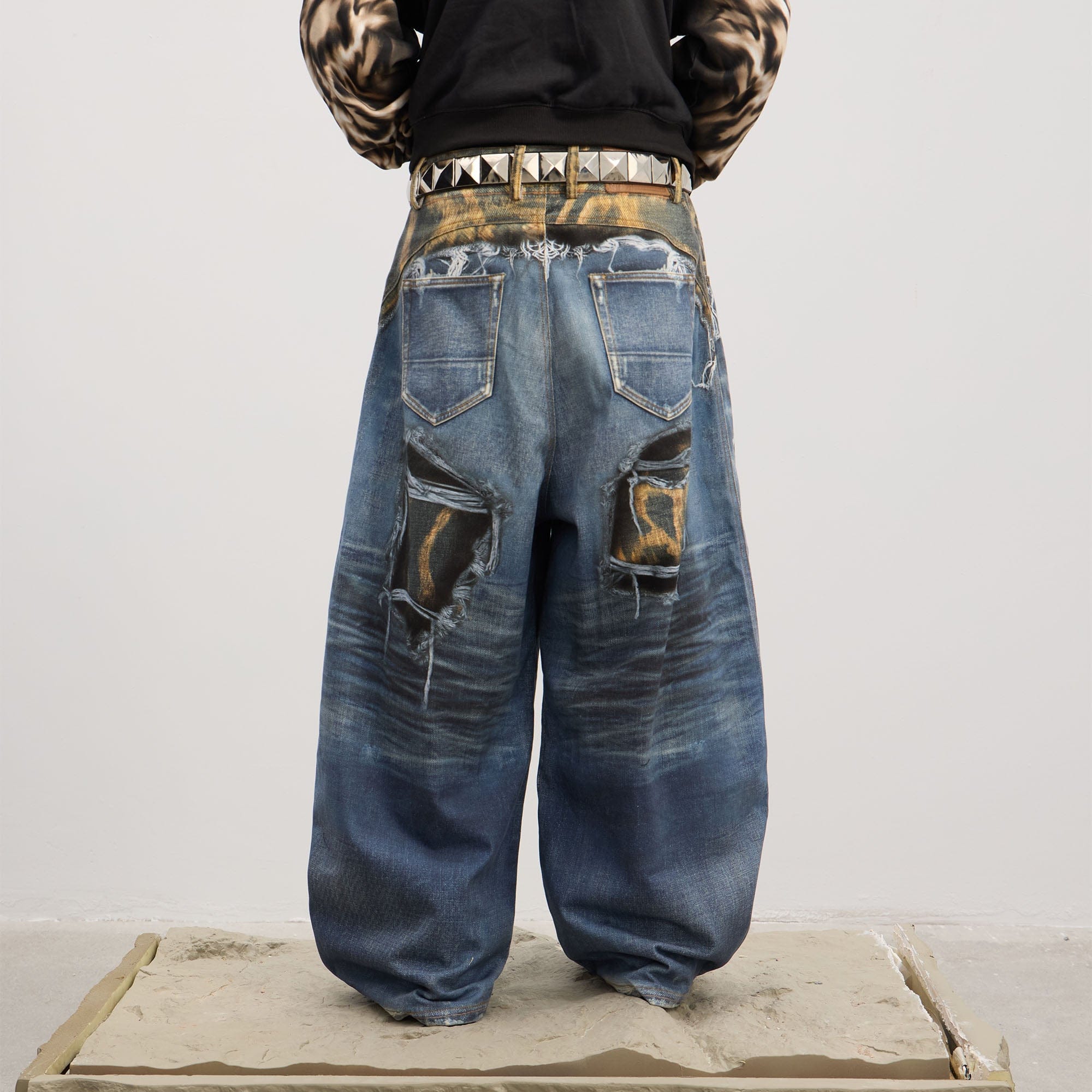 DND4DES Full-Printed Leopard Distressed Baggy Jeans, premium urban and streetwear designers apparel on PROJECTISR.com, DND4DES