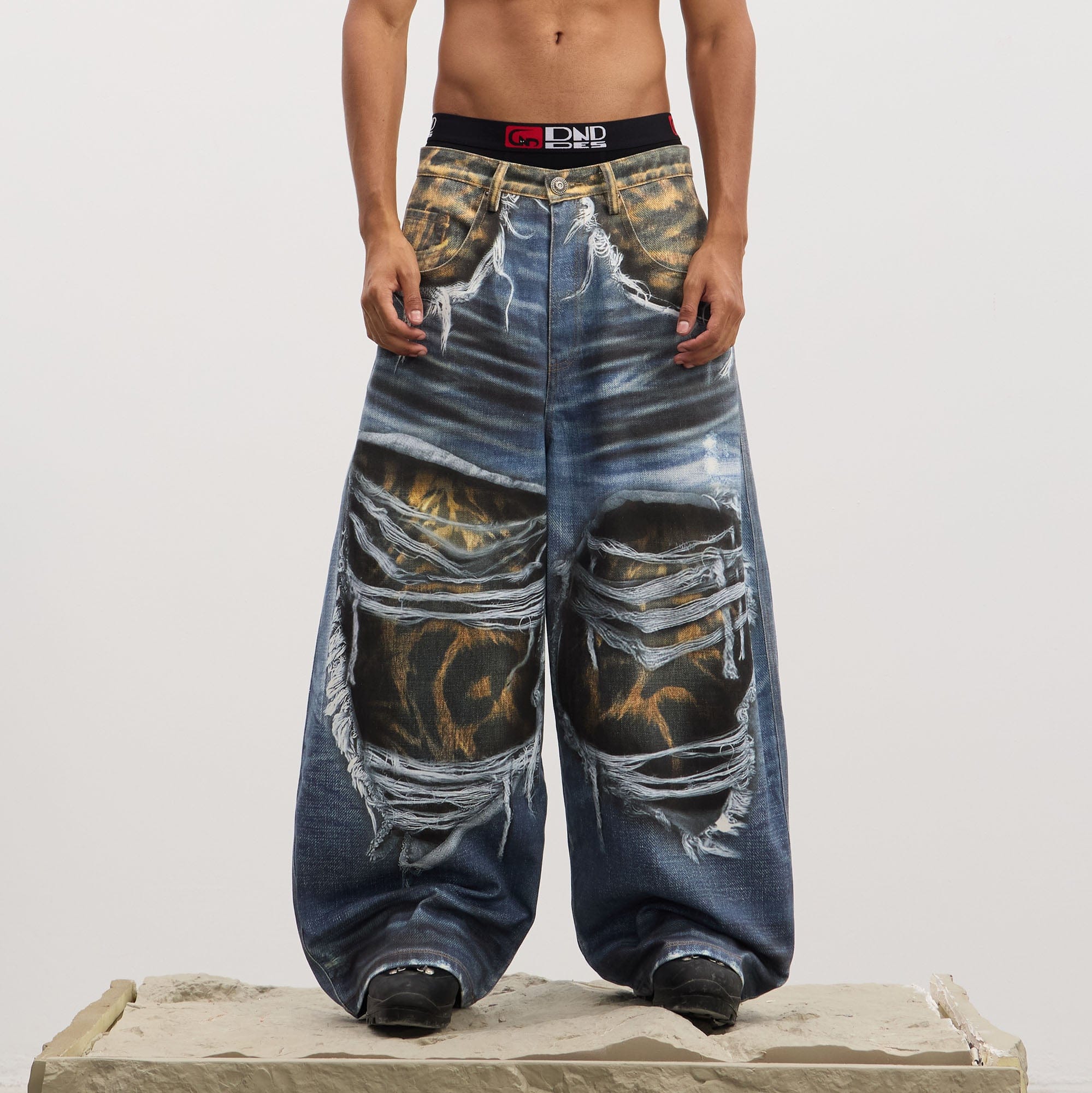 DND4DES Full-Printed Leopard Distressed Baggy Jeans, premium urban and streetwear designers apparel on PROJECTISR.com, DND4DES