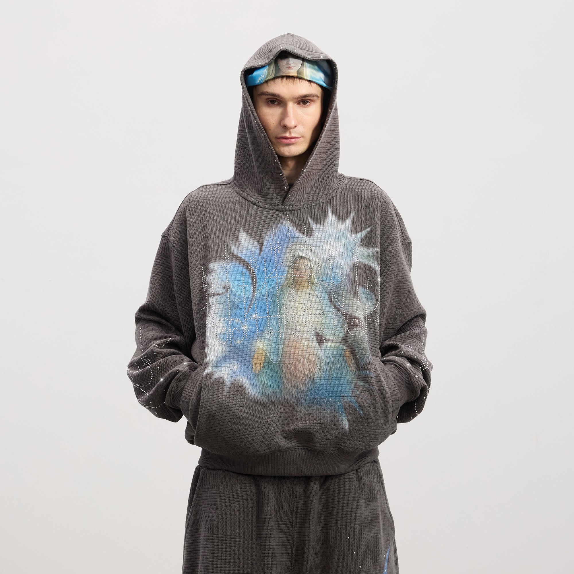 DND4DES Virgin Mary Graphic Rhinestone Hoodie
