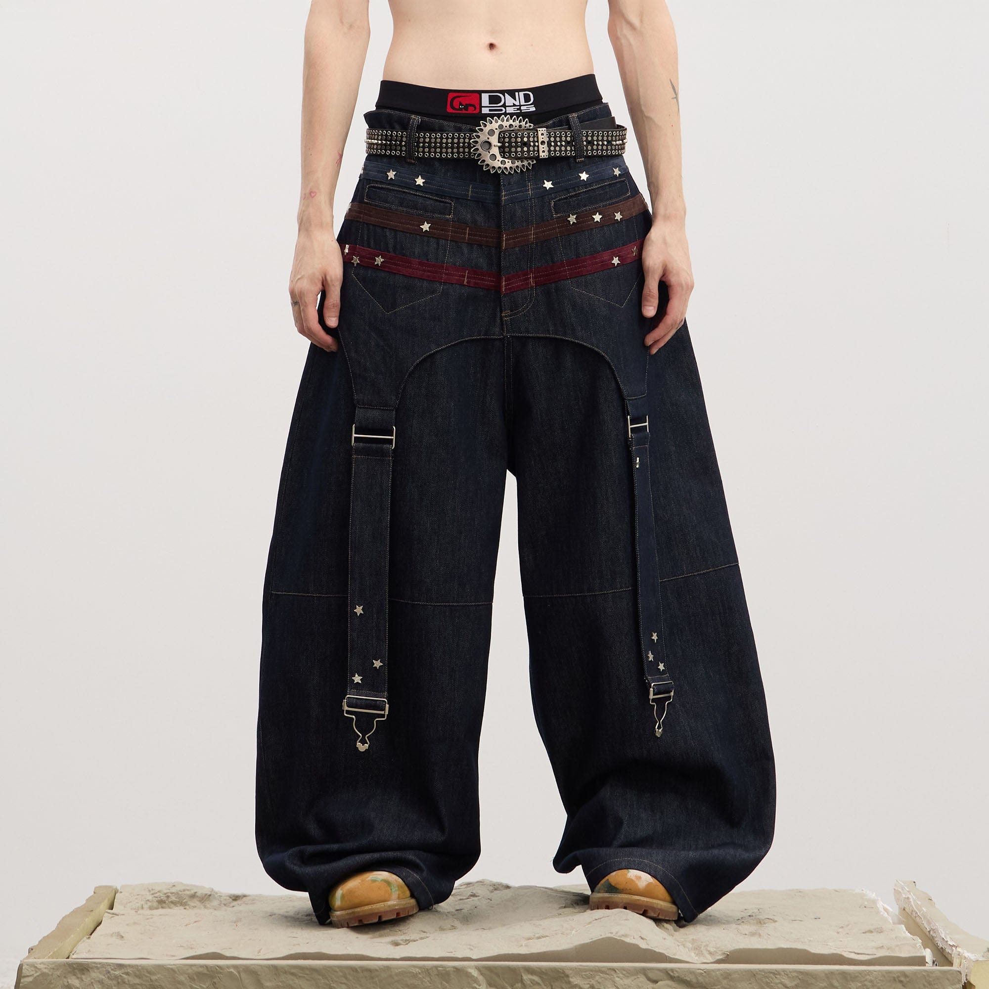 DND4DES Star-Rivet Harness-Layered Curved Jeans, premium urban and streetwear designers apparel on PROJECTISR.com, DND4DES