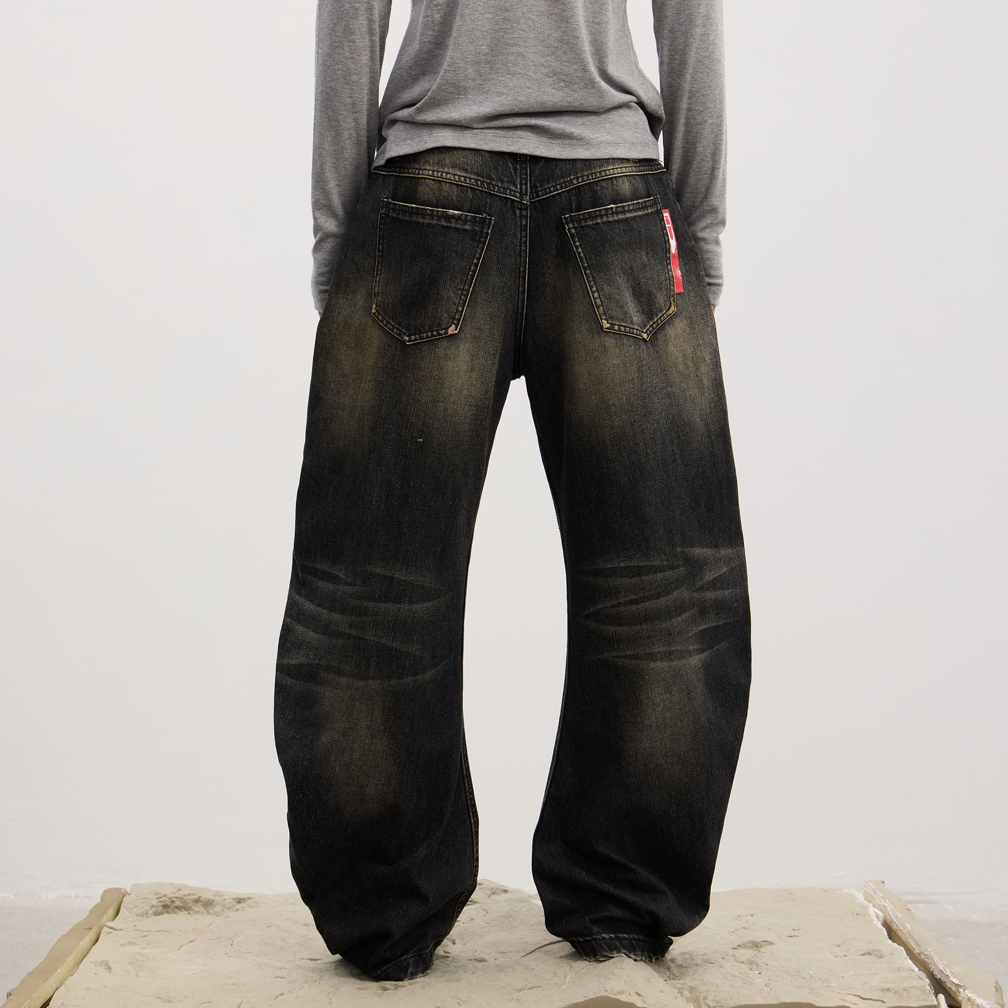 DND4DES Washed Button-Up Balloon-Leg Jeans, premium urban and streetwear designers apparel on PROJECTISR.com, DND4DES