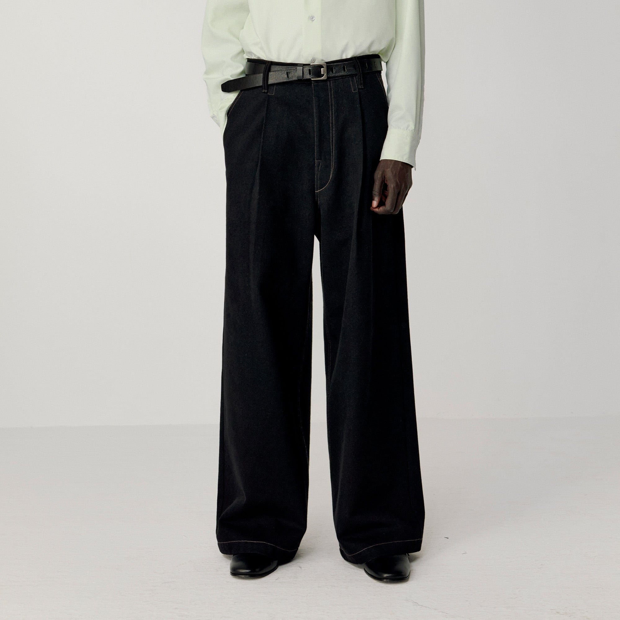 OPICLOTH Washed Contrast Stitch Wide-Leg Jeans, premium urban and streetwear designers apparel on PROJECTISR.com, OPICLOTH