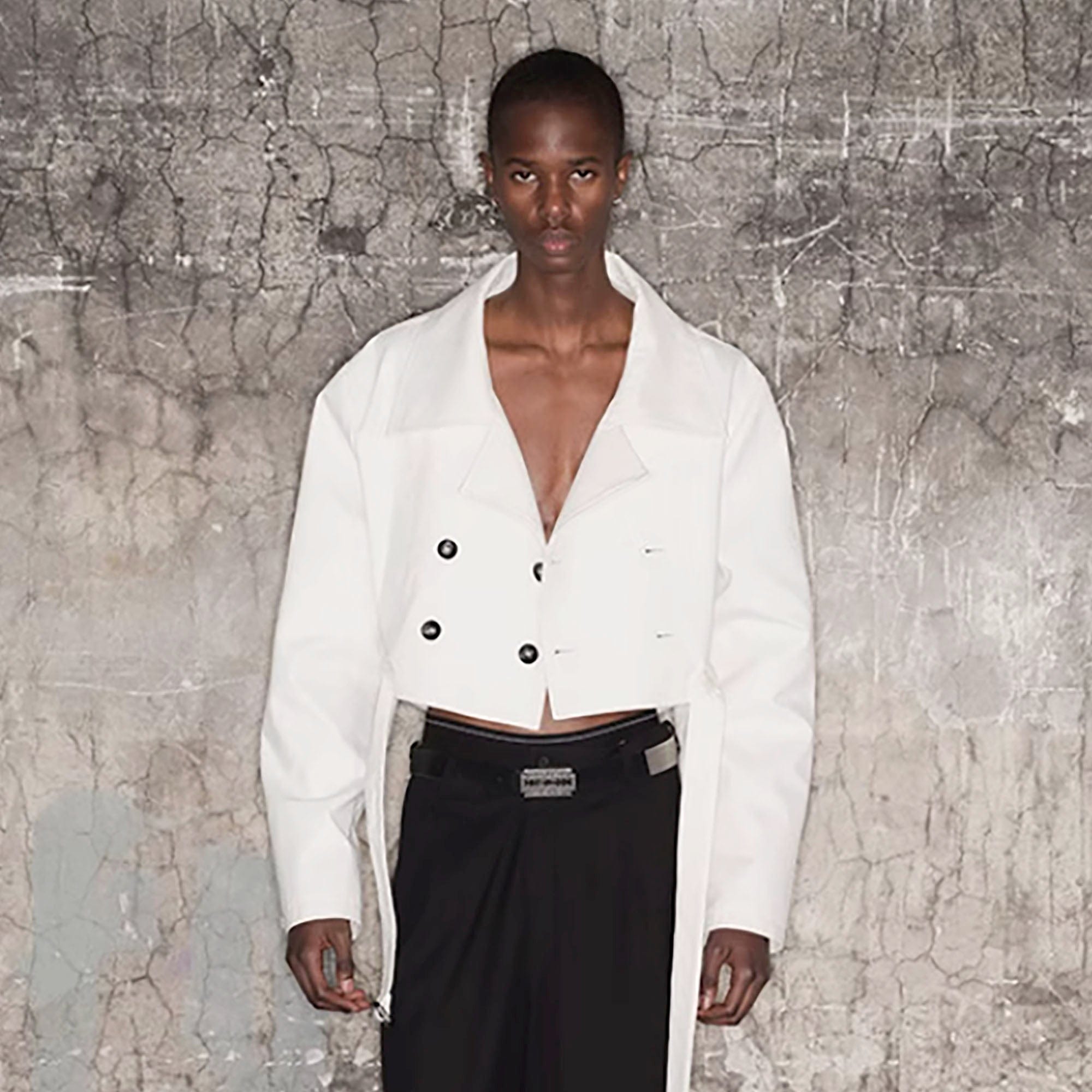 TRIANGLE PROJECT Cropped Asymmetrical Double-Breasted Cropped Jacket, premium urban and streetwear designers apparel on PROJECTISR.com, TRIANGLE PROJECT